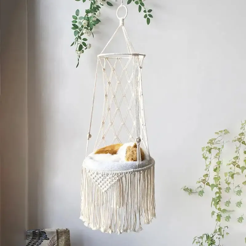 Handwoven Macrame Pet Hanging Hammock Bed Cat Cage Swing Hanging Beds Handcraft Tassel Nest Mat Bed Tapestry Cat Accessories