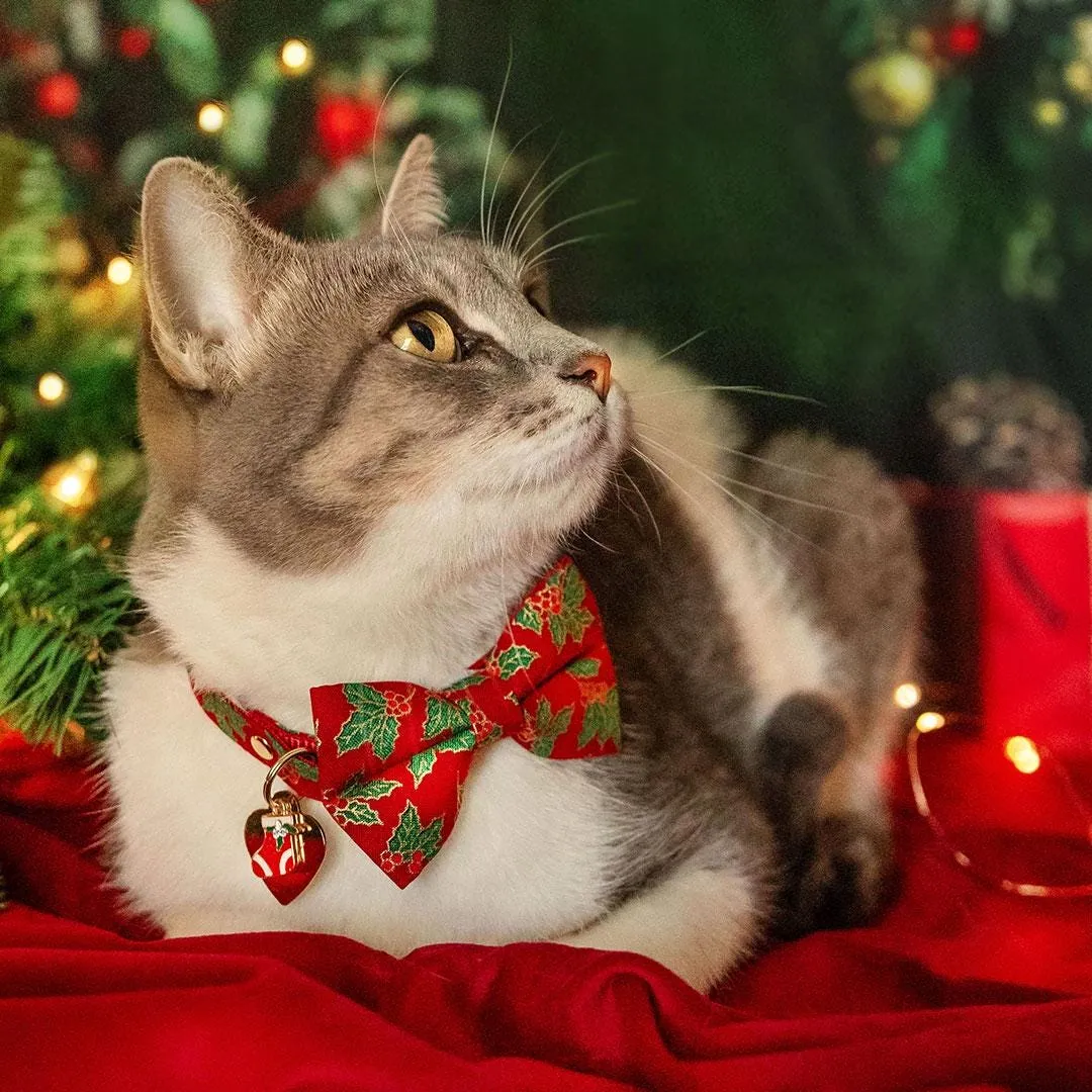 Holiday Cat Bow Tie - "Crimson Berry" - Christmas Red Holly Bow Tie for Cat / Berries / Cat   Small Dog Bowtie