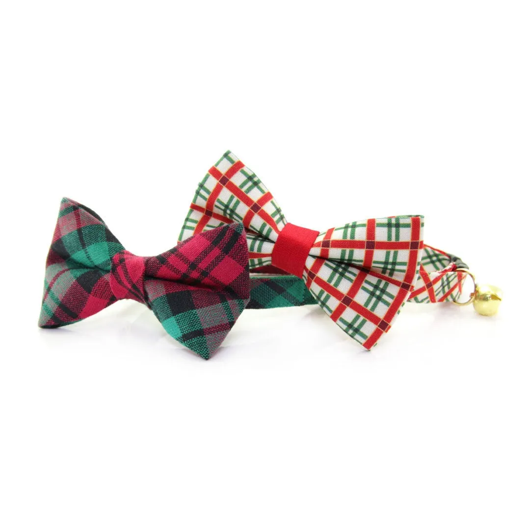 Holiday Pet Bow Tie - "Fireside" - Red & Green Plaid Bowtie for Pet Collar / Christmas / For Cats   Small Dogs / Removable (One Size)