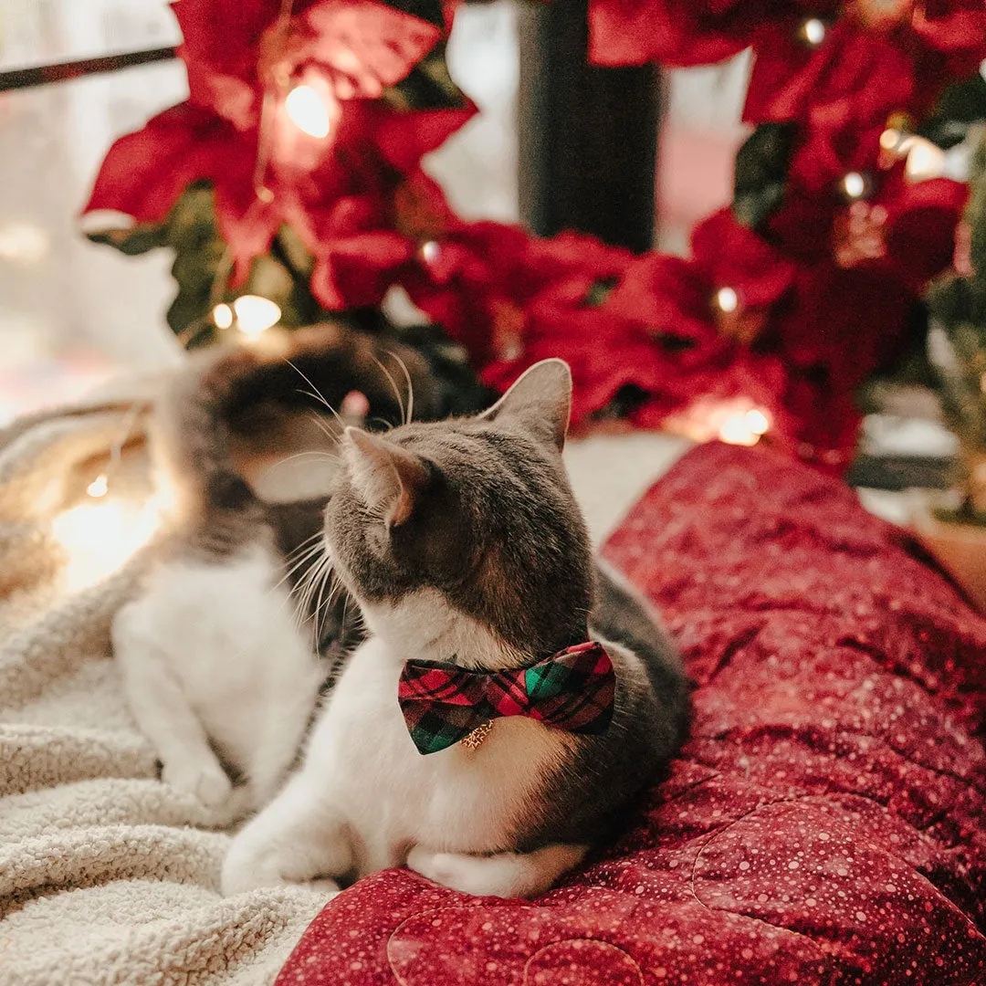 Holiday Pet Bow Tie - "Fireside" - Red & Green Plaid Bowtie for Pet Collar / Christmas / For Cats   Small Dogs / Removable (One Size)