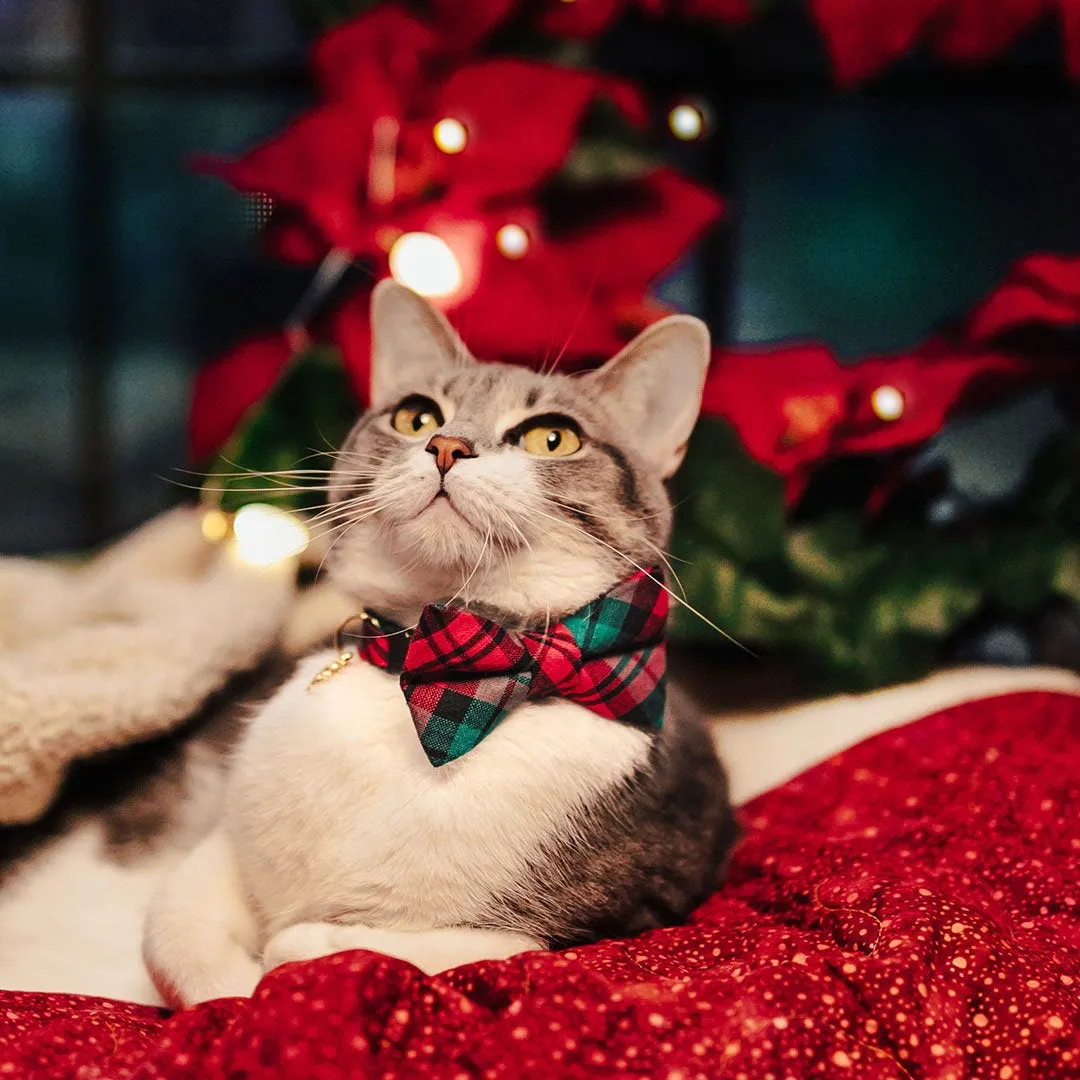 Holiday Pet Bow Tie - "Fireside" - Red & Green Plaid Bowtie for Pet Collar / Christmas / For Cats   Small Dogs / Removable (One Size)
