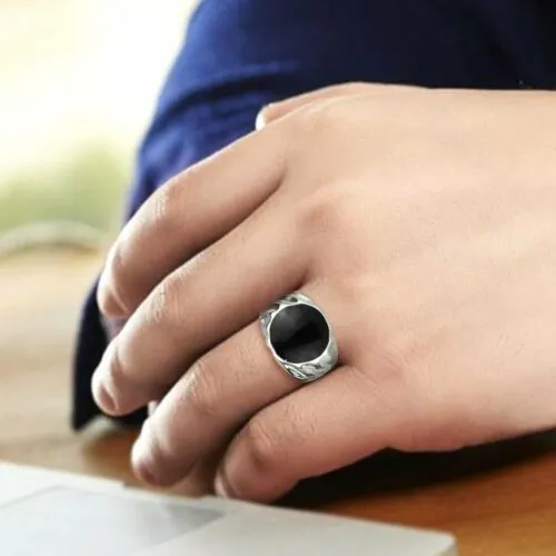 Jewellery Kingdom Mens Black Signet Pinky Epoxy Jet Stainless Steel Smart Silver Ring