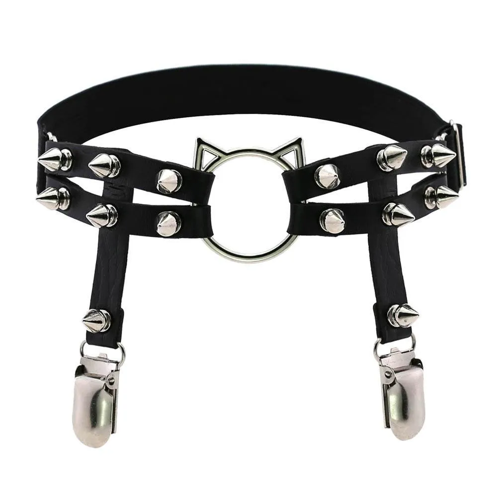 Leather Hand-studded Leg Loop Garter Belt