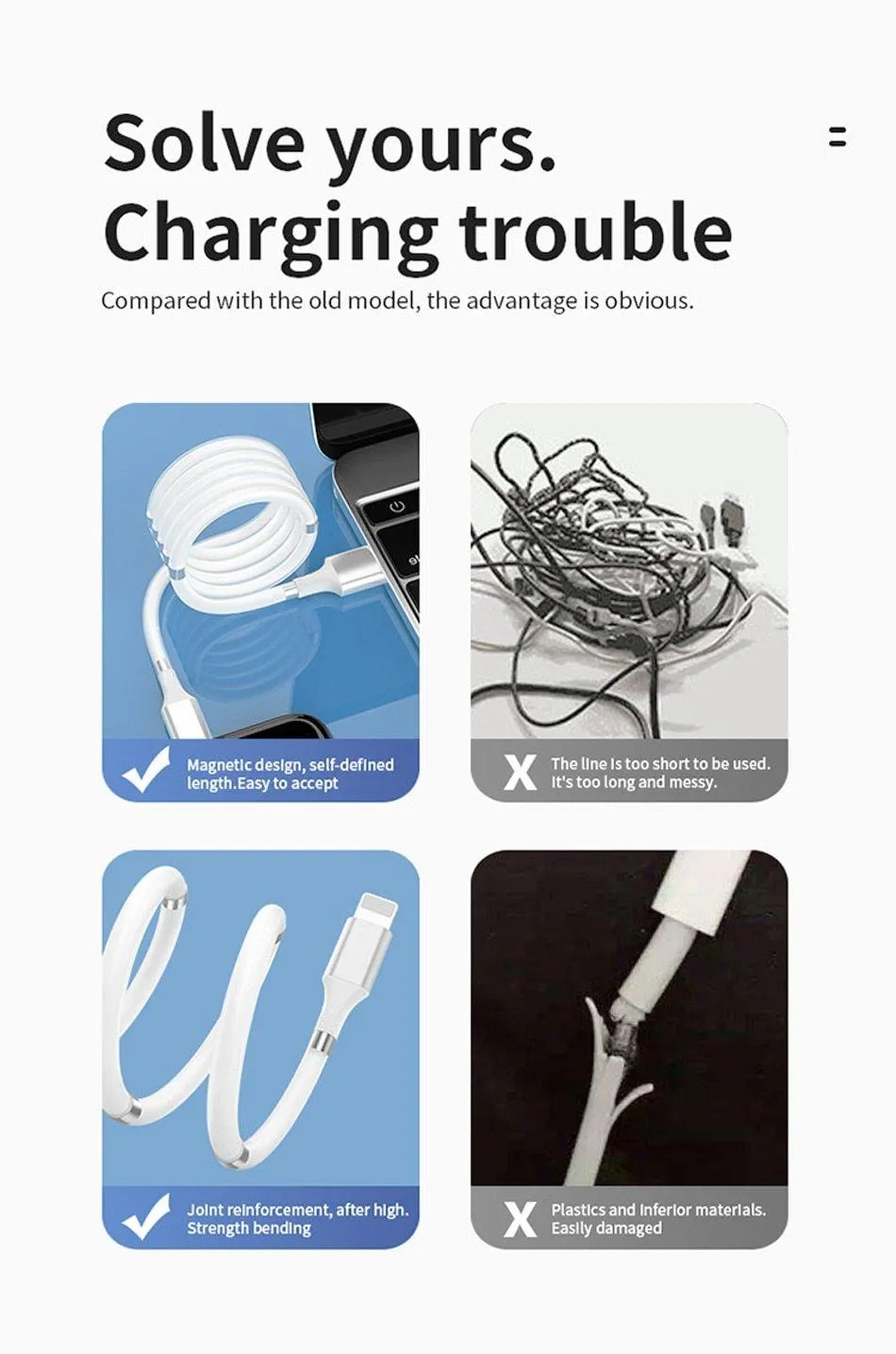 Magnetic Self Coiling USB Cable Flexible Durable Foldable Non-tangle Fast Charge Cables Micro Type-C
