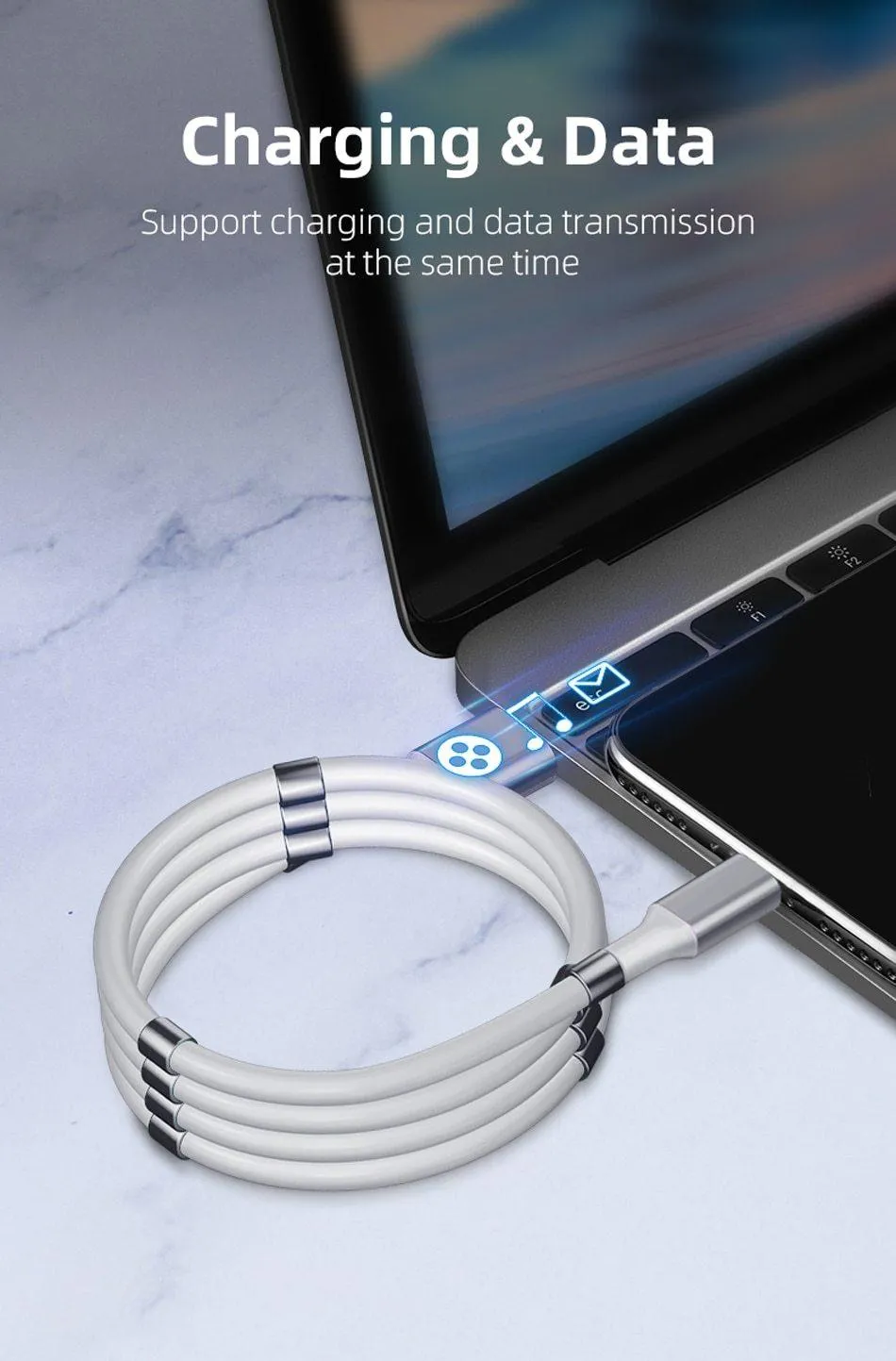 Magnetic Self Coiling USB Cable Flexible Durable Foldable Non-tangle Fast Charge Cables Micro Type-C