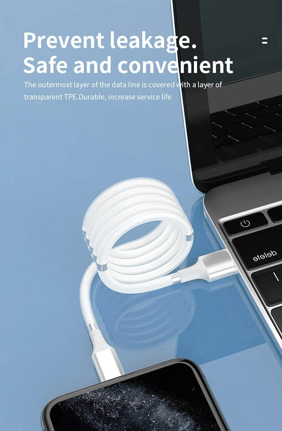 Magnetic Self Coiling USB Cable Flexible Durable Foldable Non-tangle Fast Charge Cables Micro Type-C