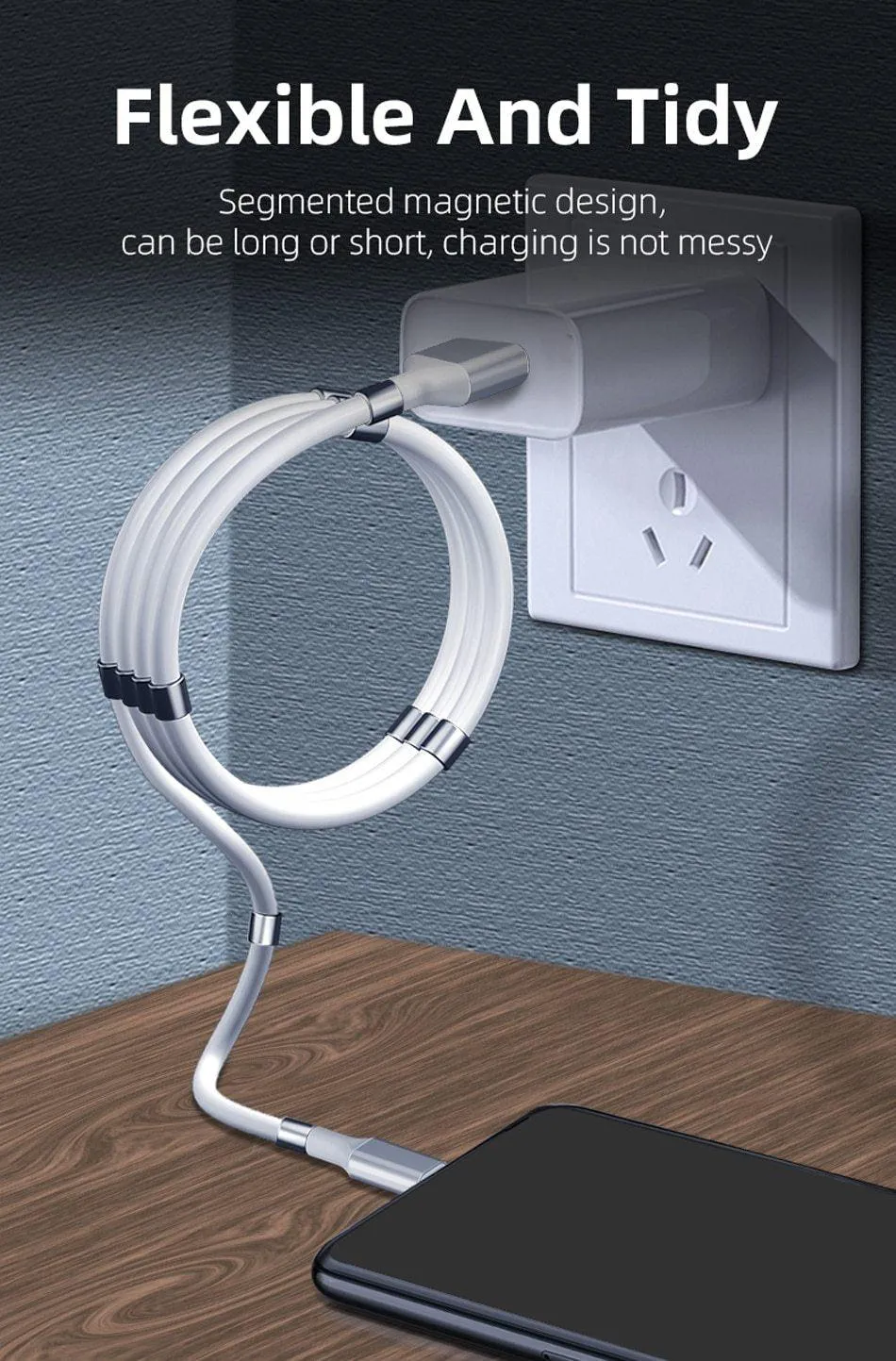 Magnetic Self Coiling USB Cable Flexible Durable Foldable Non-tangle Fast Charge Cables Micro Type-C