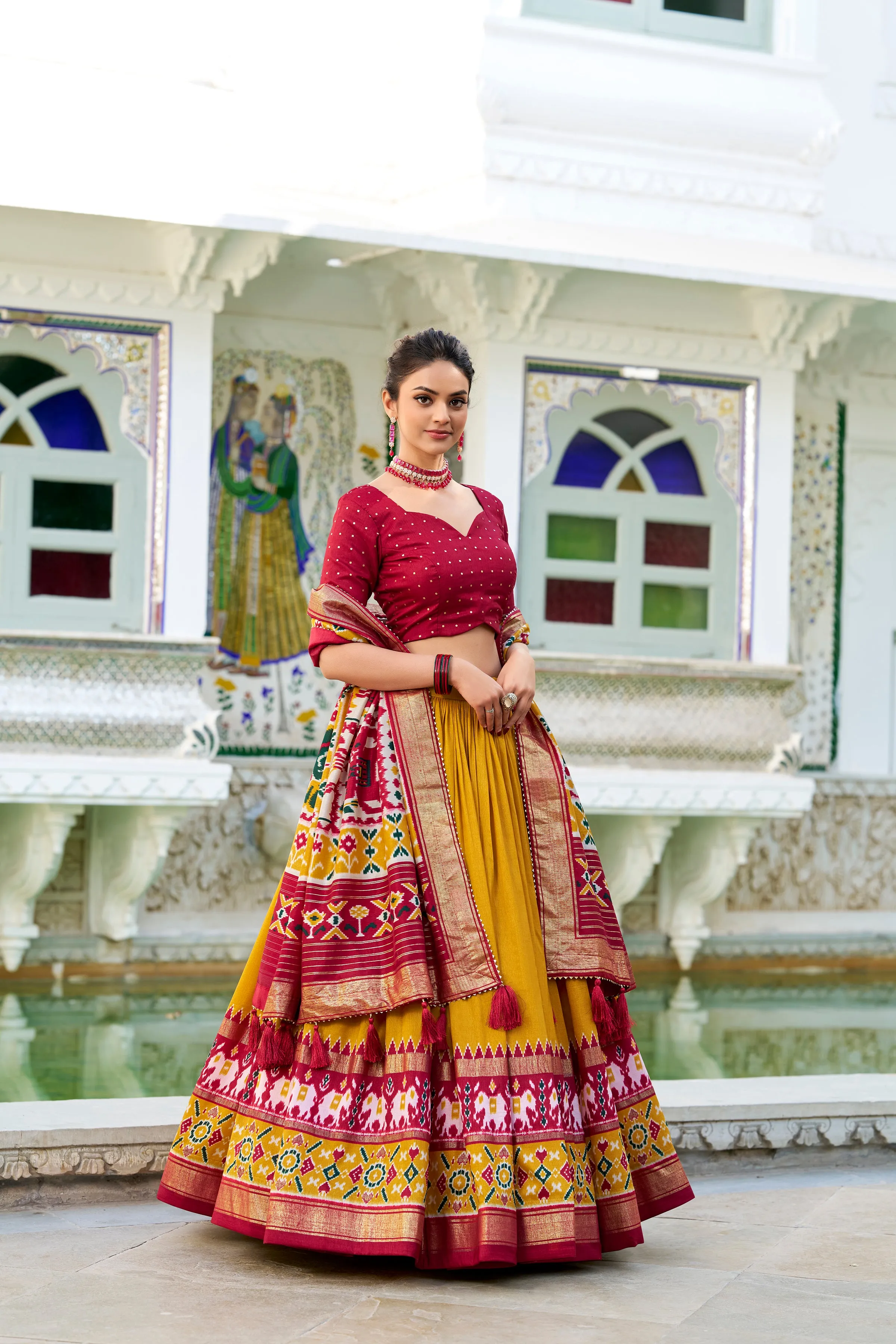 Mustard Pure Tussar Silk Patola Print With foil Lehenga Choli