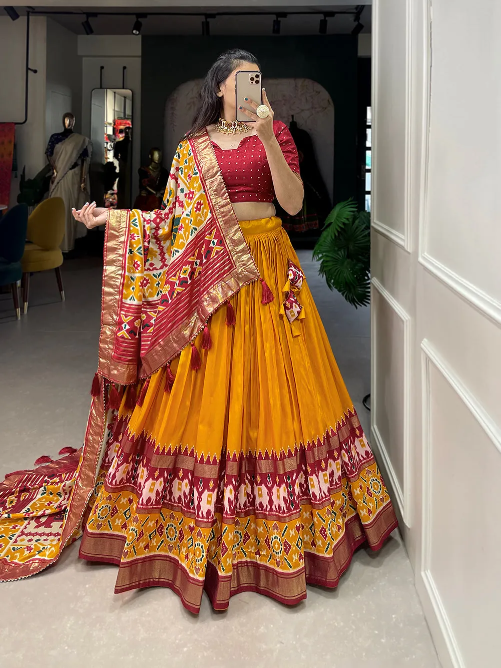 Mustard Pure Tussar Silk Patola Print With foil Lehenga Choli