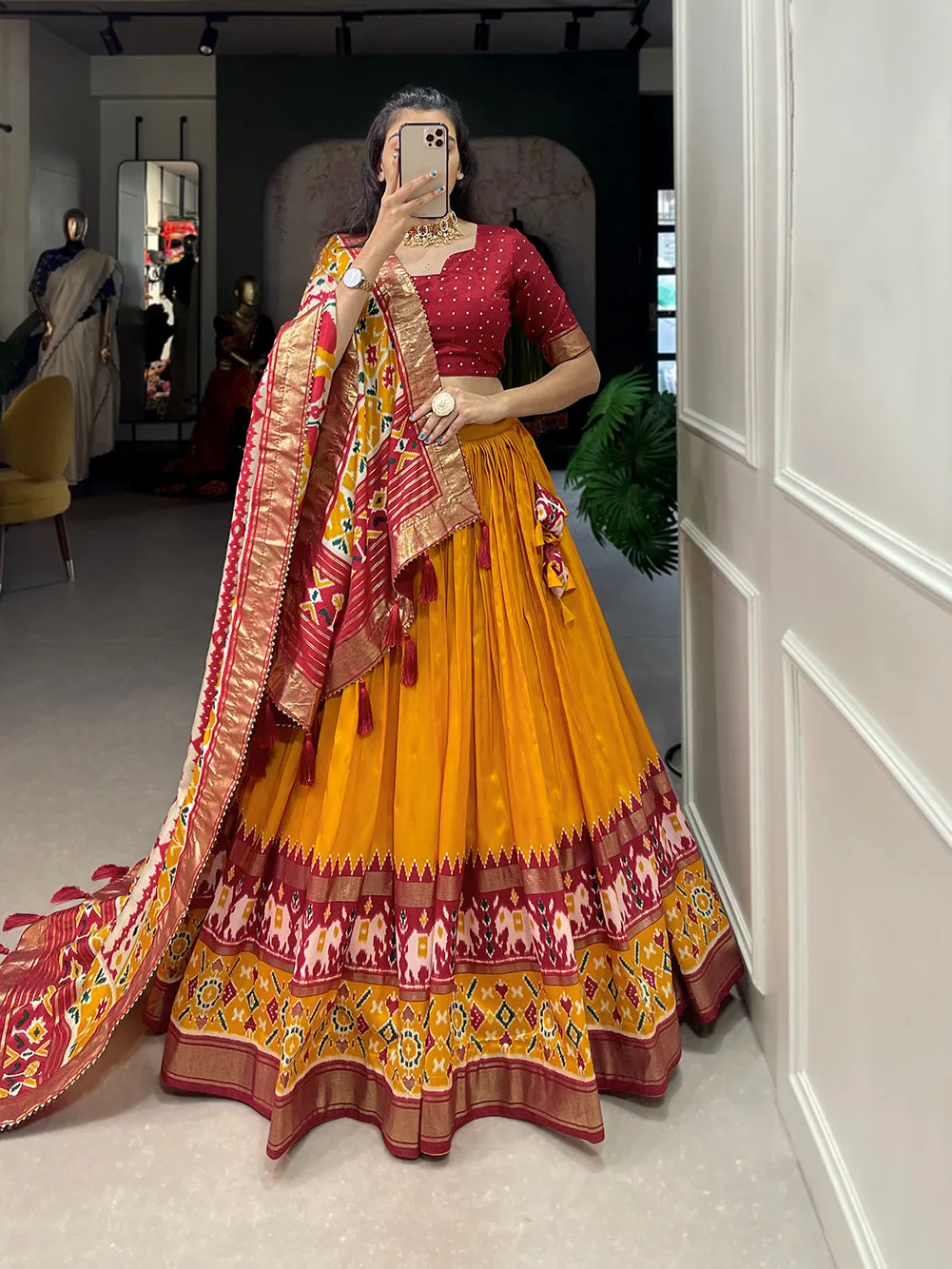 Mustard Pure Tussar Silk Patola Print With foil Lehenga Choli
