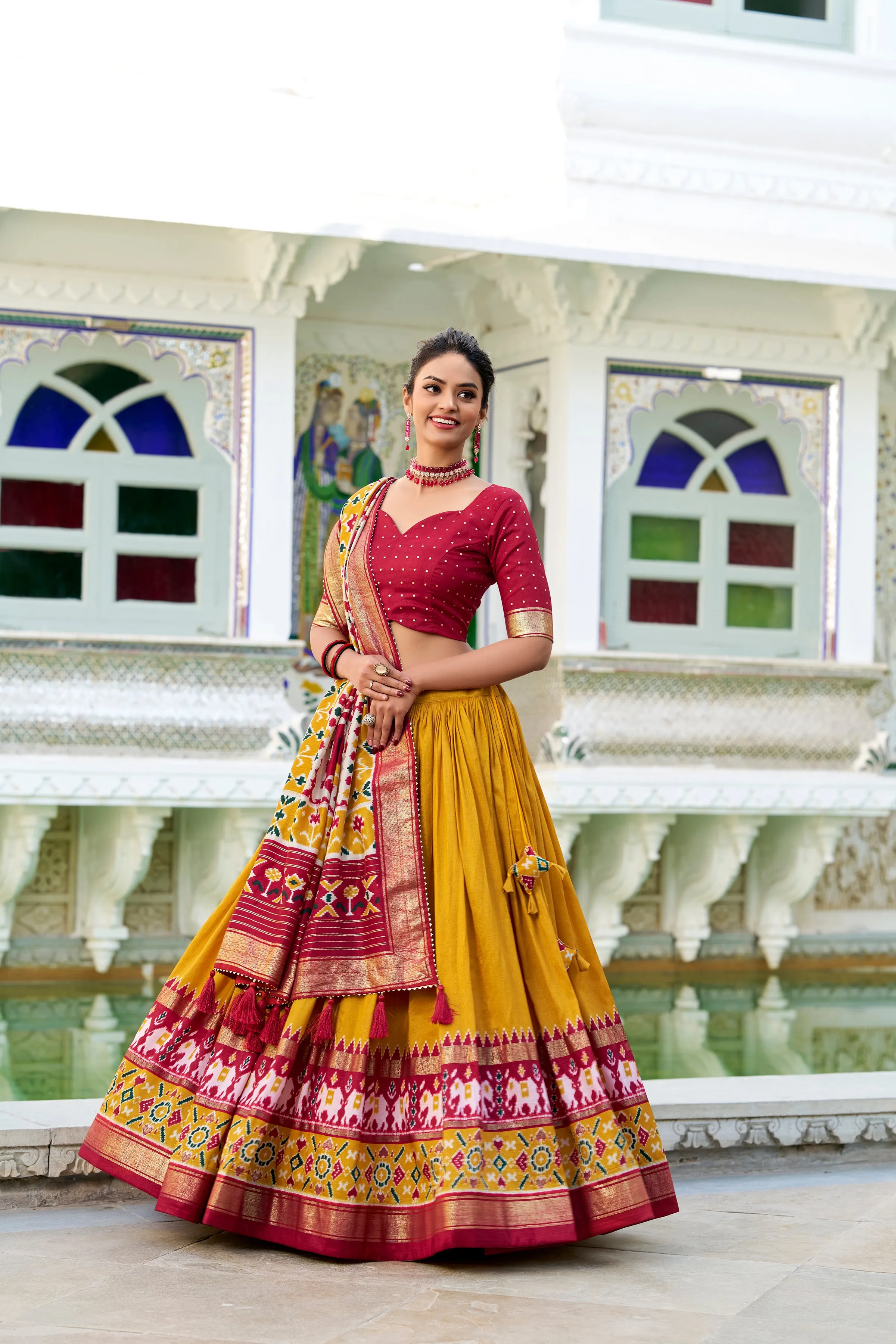 Mustard Pure Tussar Silk Patola Print With foil Lehenga Choli