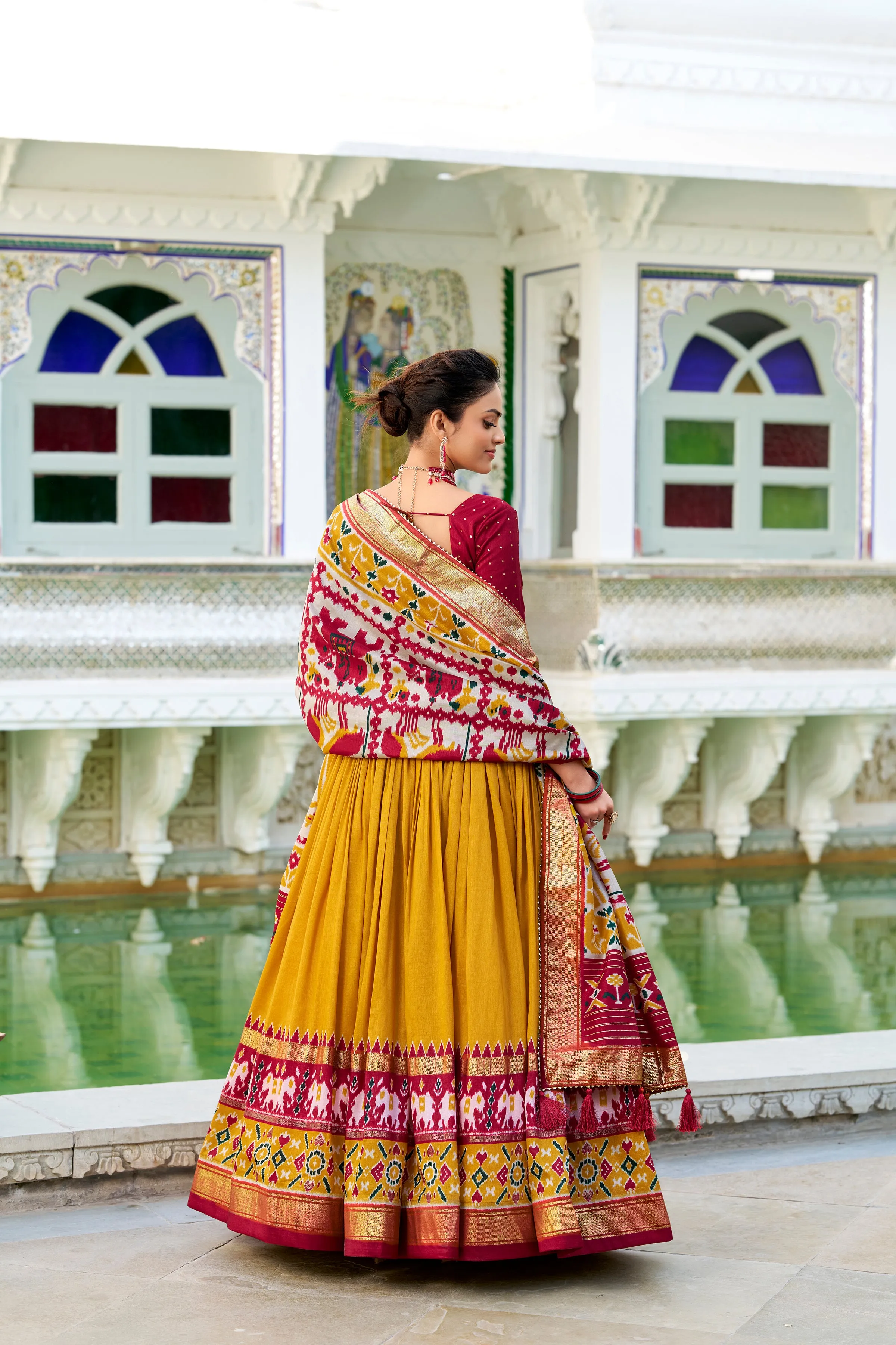 Mustard Pure Tussar Silk Patola Print With foil Lehenga Choli
