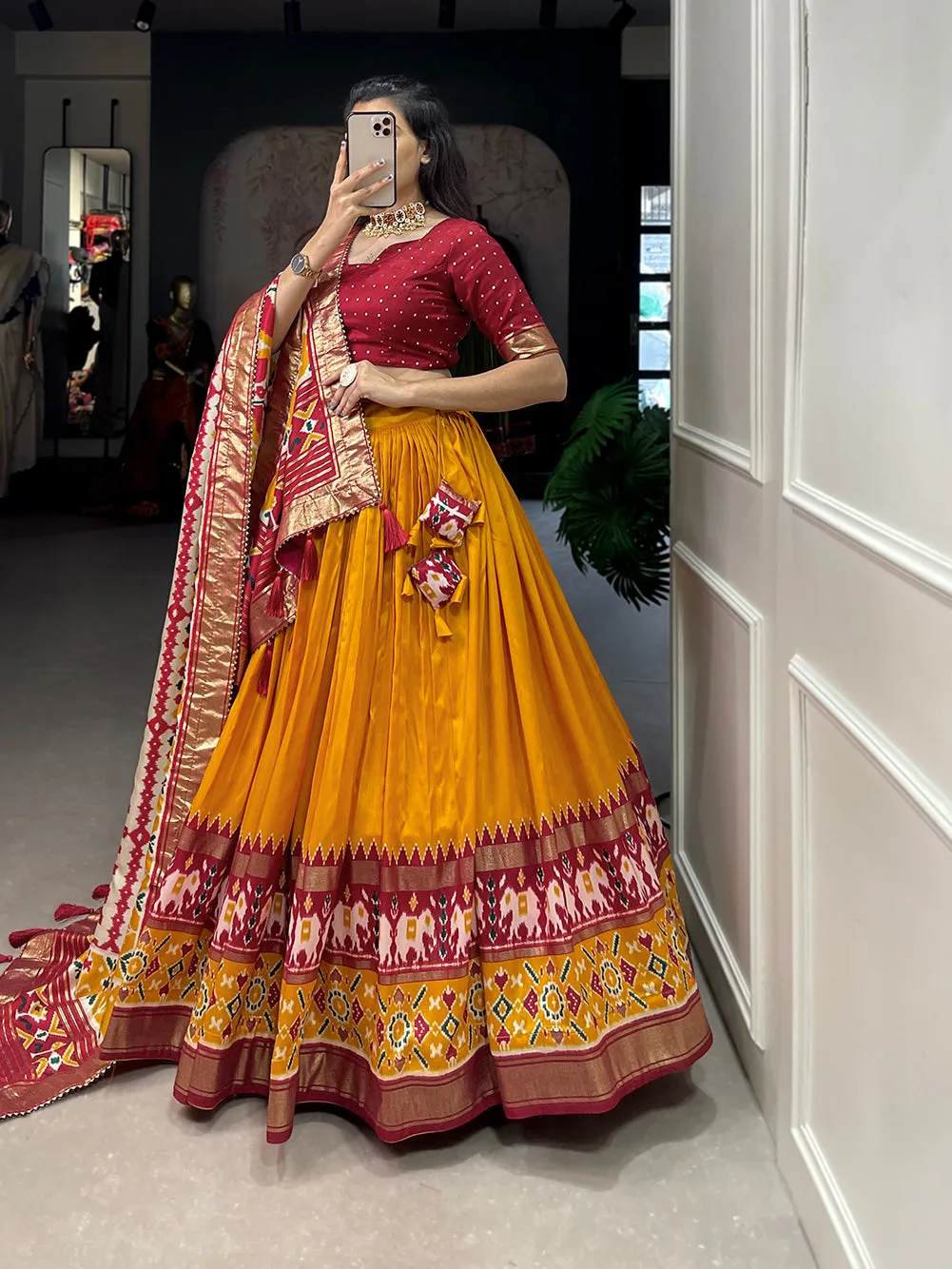 Mustard Pure Tussar Silk Patola Print With foil Lehenga Choli