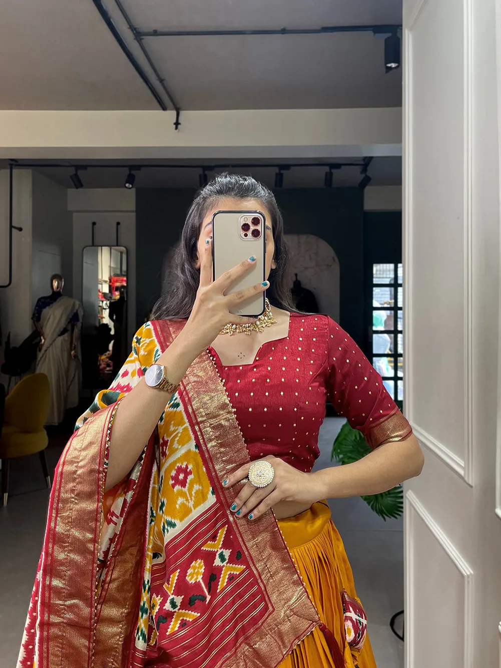 Mustard Pure Tussar Silk Patola Print With foil Lehenga Choli