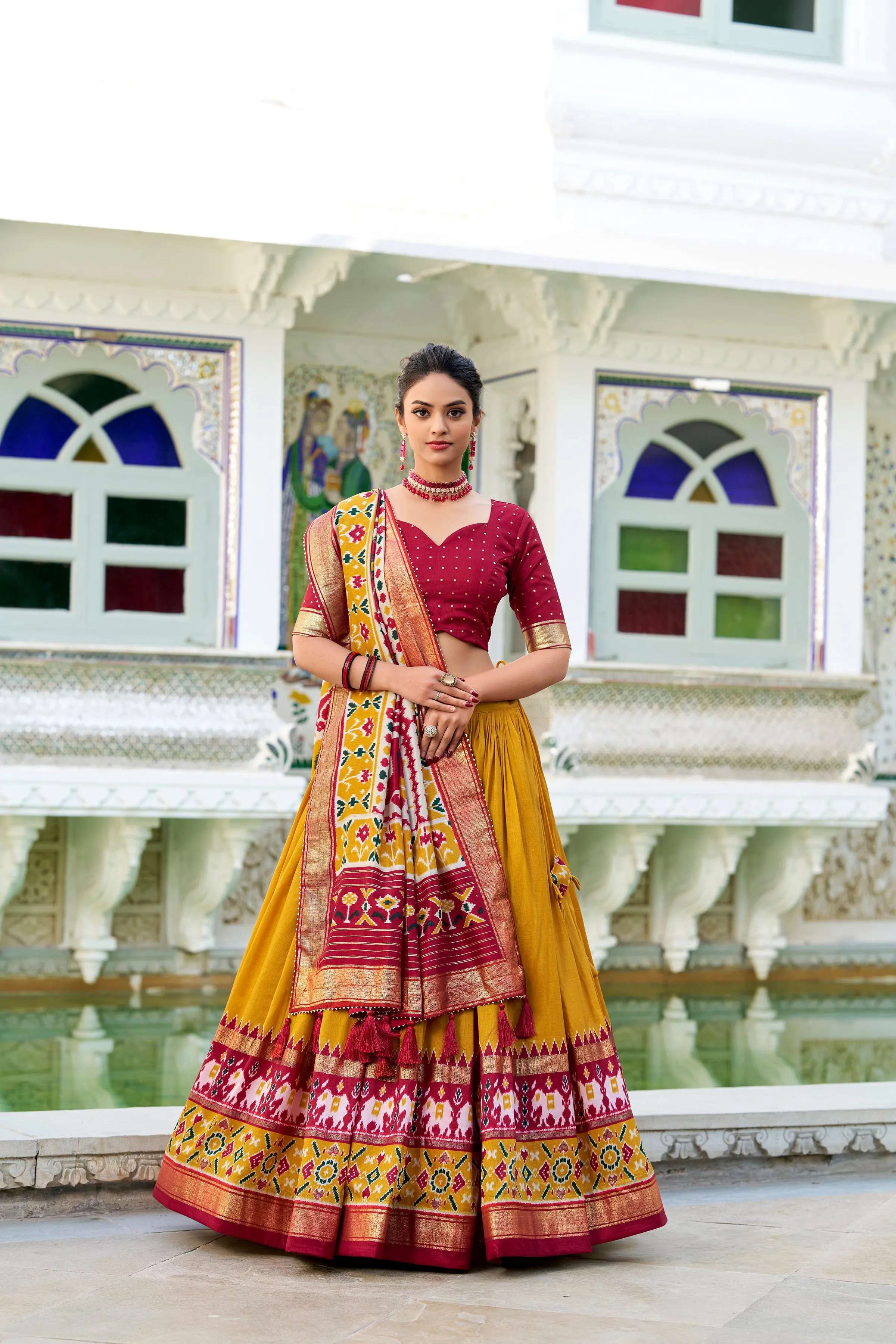 Mustard Pure Tussar Silk Patola Print With foil Lehenga Choli