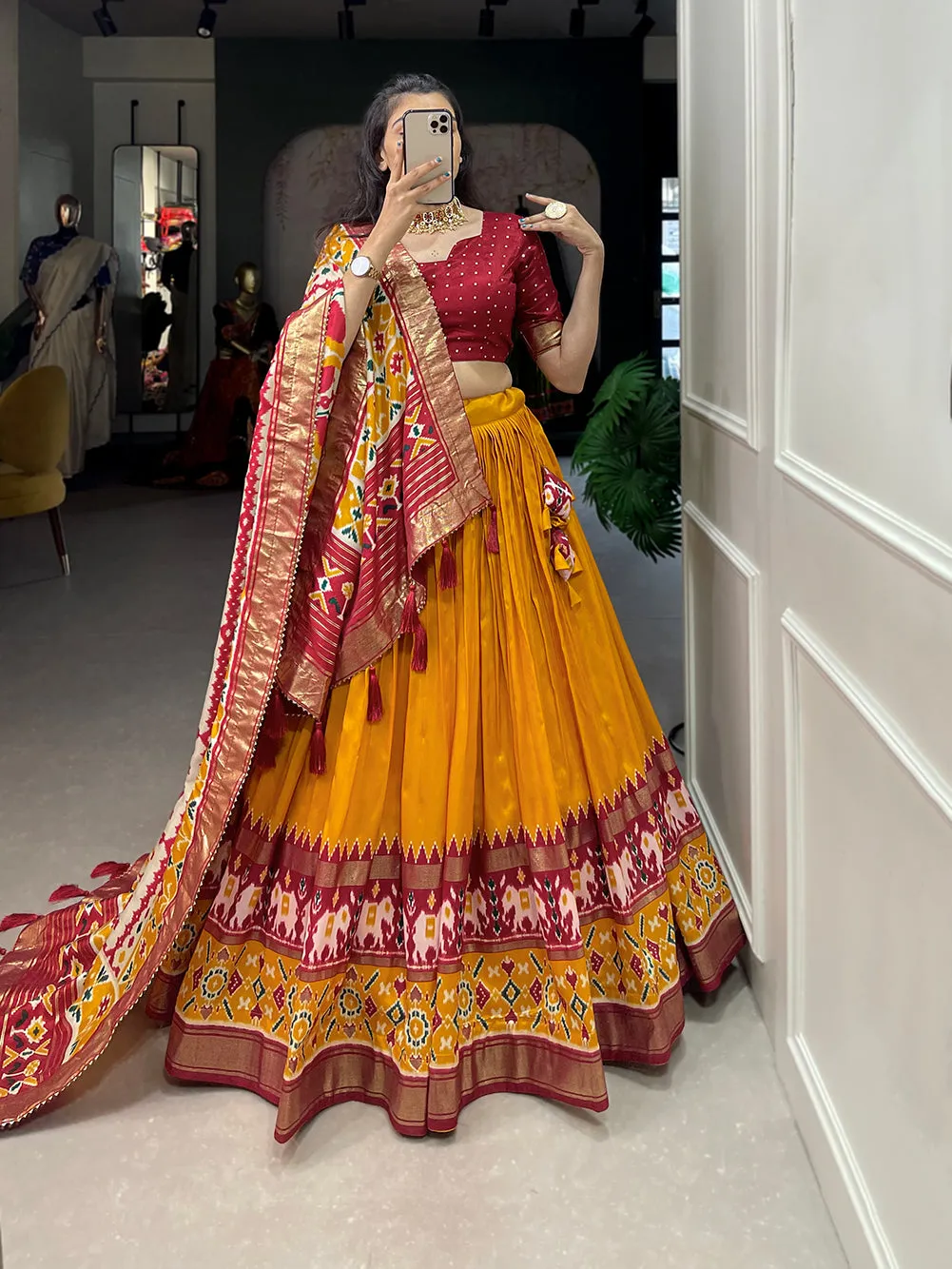 Mustard Pure Tussar Silk Patola Print With foil Lehenga Choli