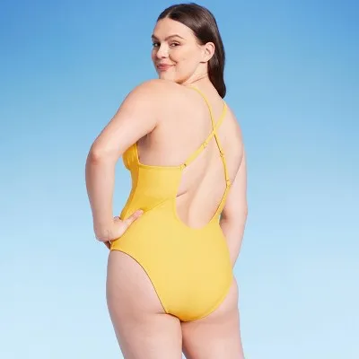 New - Shade & Shore Women's Plunge Cheeky One Piece Swimsuit Hardware Swimwear