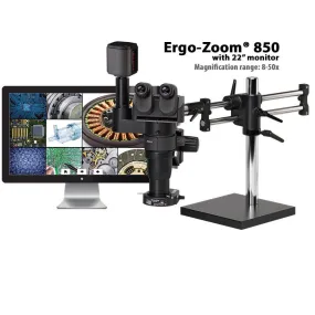 OC White TKEZT-850-A Ergo-Zoom&reg; 850 Stereo Zoom Trinocular Microscope with Dual Boom Stand, 22" LCD Monitor, 6MP Hybrid HDMI/USB Camera & Fiberoptic Annular Ring Light