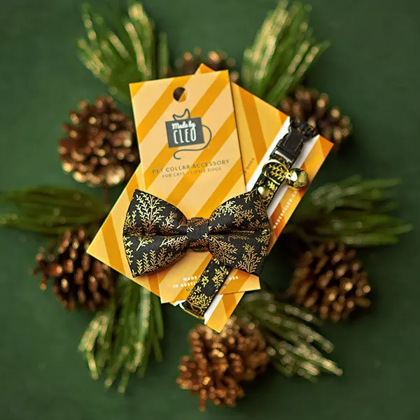 Pet Bow Tie - "Black Forest" - Gold Leaves on Black Cat Bow Tie / Christmas, Holiday, Wedding, New Year's / For Cats   Small Dogs (One Size)
