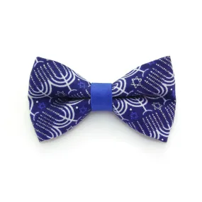 Pet Bow Tie - "Happy Hanukkah" - Blue Menorah Bowtie for Pet Collar / Jewish, Chanukah, Star of David / For Cats   Small Dogs / Removable (One Size)