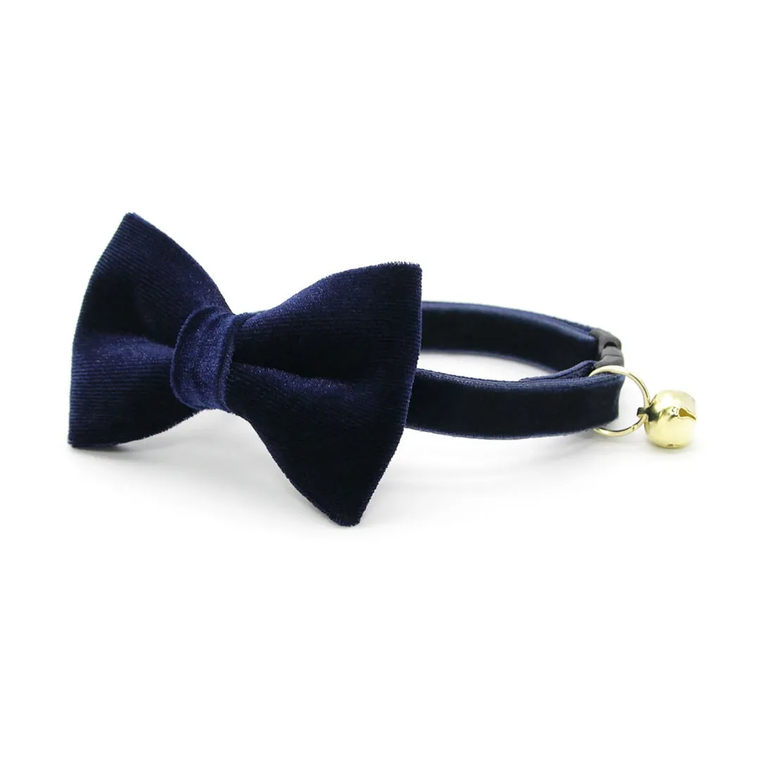 Pet Bow Tie - "Velvet - Midnight Blue" - Dark Navy Blue Velvet Cat Bow Tie / For Cats   Small Dogs (One Size)