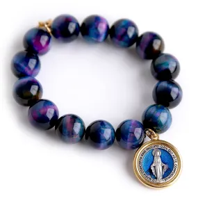 Powerbeads By Jen Northern Lights Tiger Eye Paired with a Blue Enameled Blessed Mother Medal