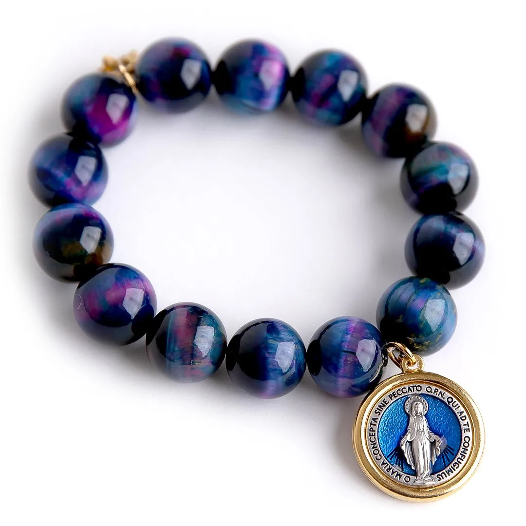 Powerbeads By Jen Northern Lights Tiger Eye Paired with a Blue Enameled Blessed Mother Medal