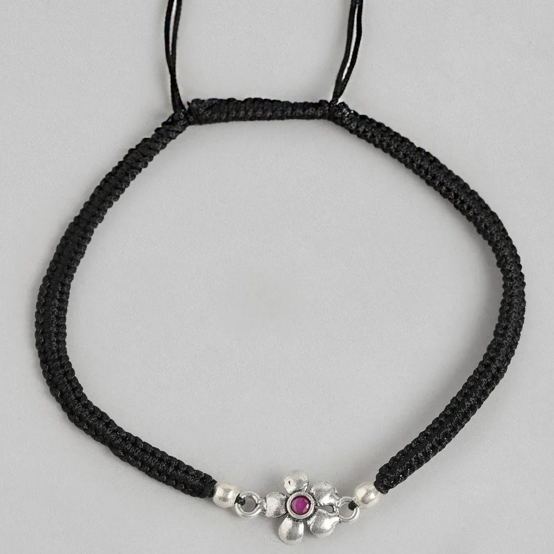 Red Floral Stone Rhodium Plated 925 Sterling Silver Thread Anklet