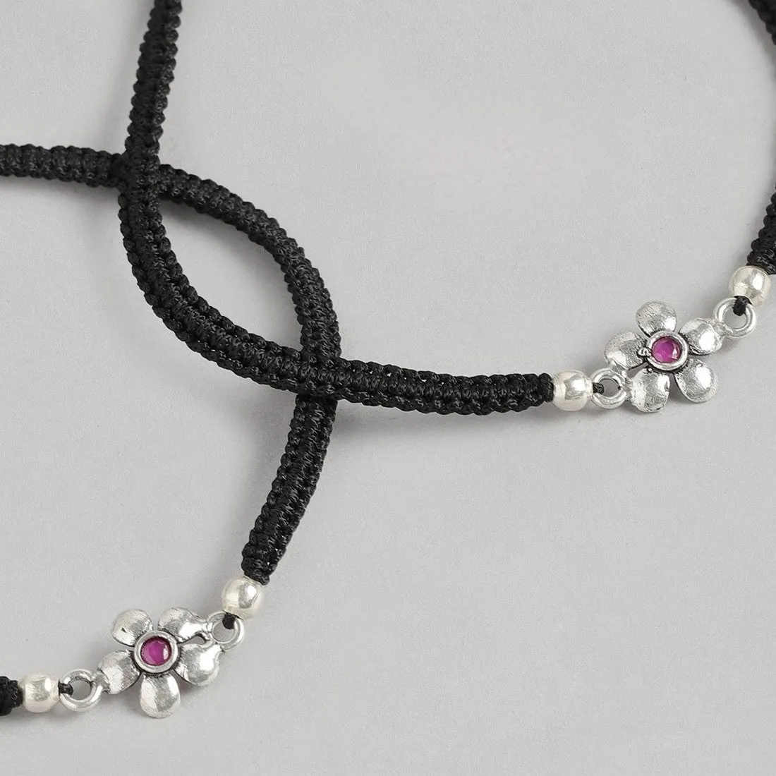 Red Floral Stone Rhodium Plated 925 Sterling Silver Thread Anklet