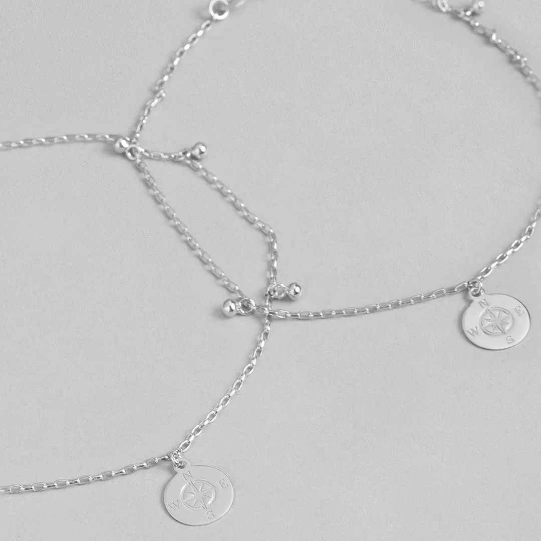 Rhodium Plated Compass 925 Silver Anklet
