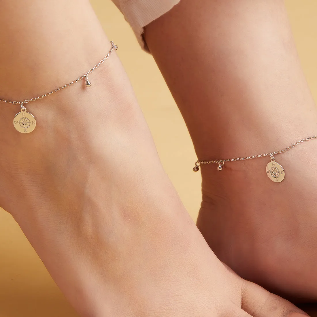 Rhodium Plated Compass 925 Silver Anklet