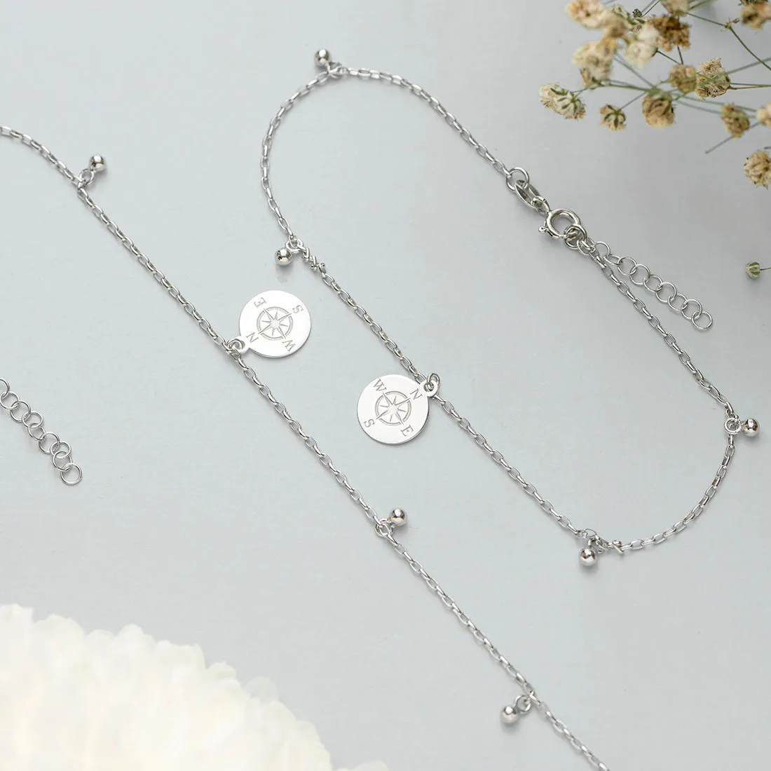 Rhodium Plated Compass 925 Silver Anklet