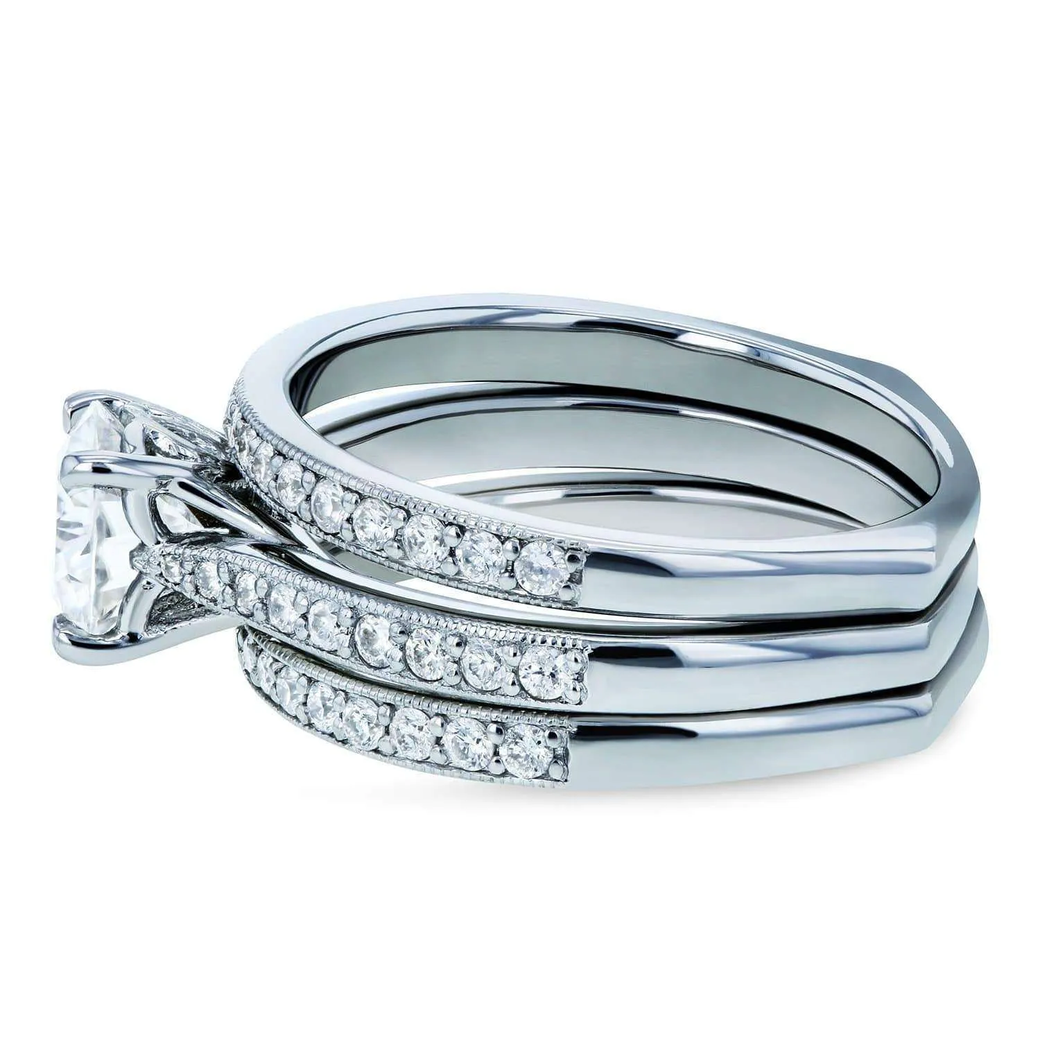 Round Diamond Square European Shank Vintage Trellis Bridal Set 1 3/5 CTW 14k White Gold, 3 Piece