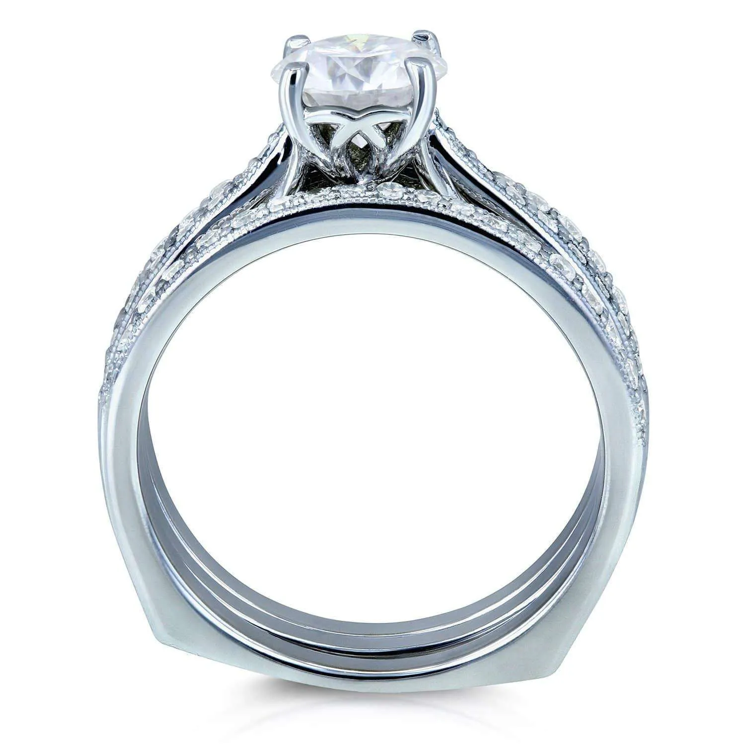Round Diamond Square European Shank Vintage Trellis Bridal Set 1 3/5 CTW 14k White Gold, 3 Piece