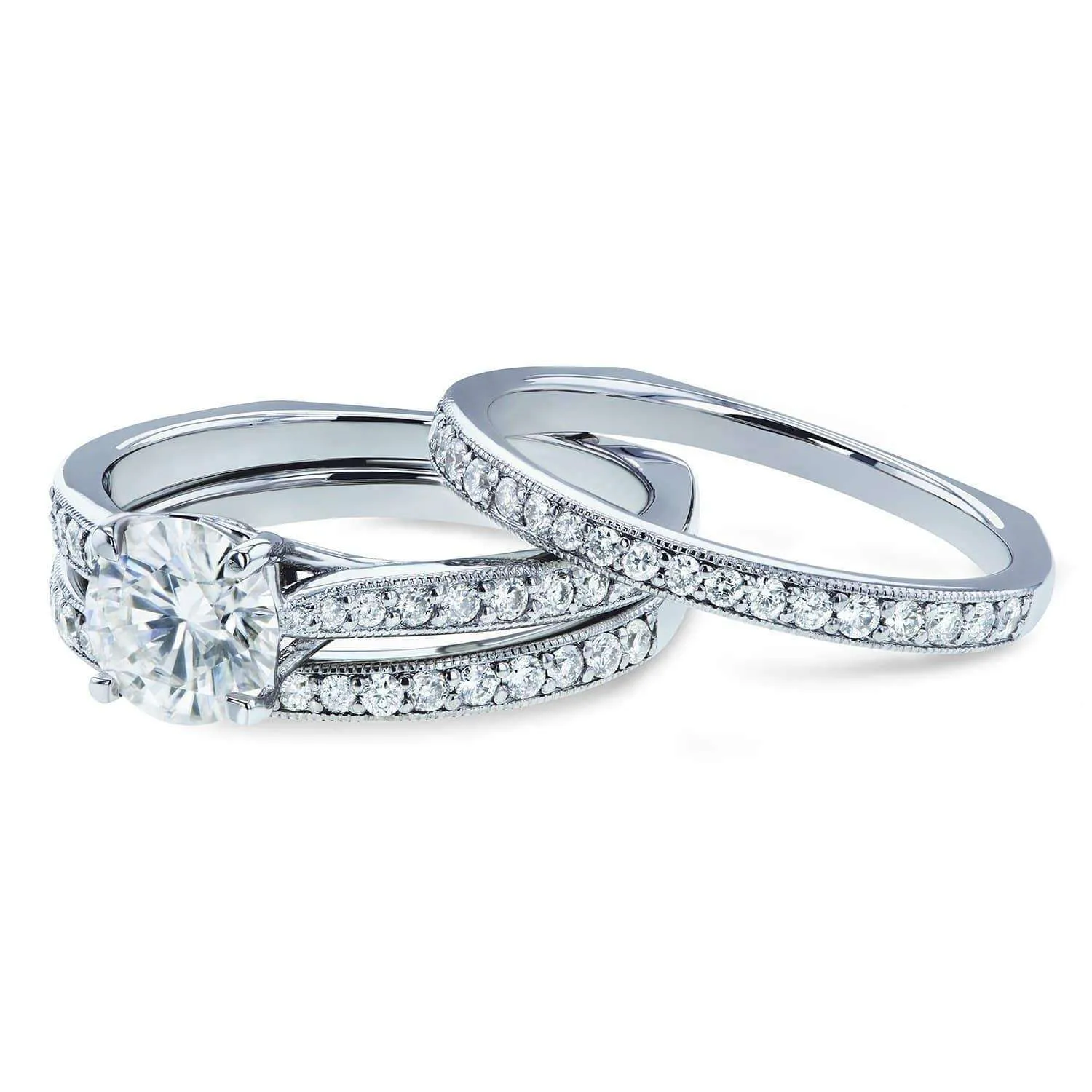 Round Diamond Square European Shank Vintage Trellis Bridal Set 1 3/5 CTW 14k White Gold, 3 Piece