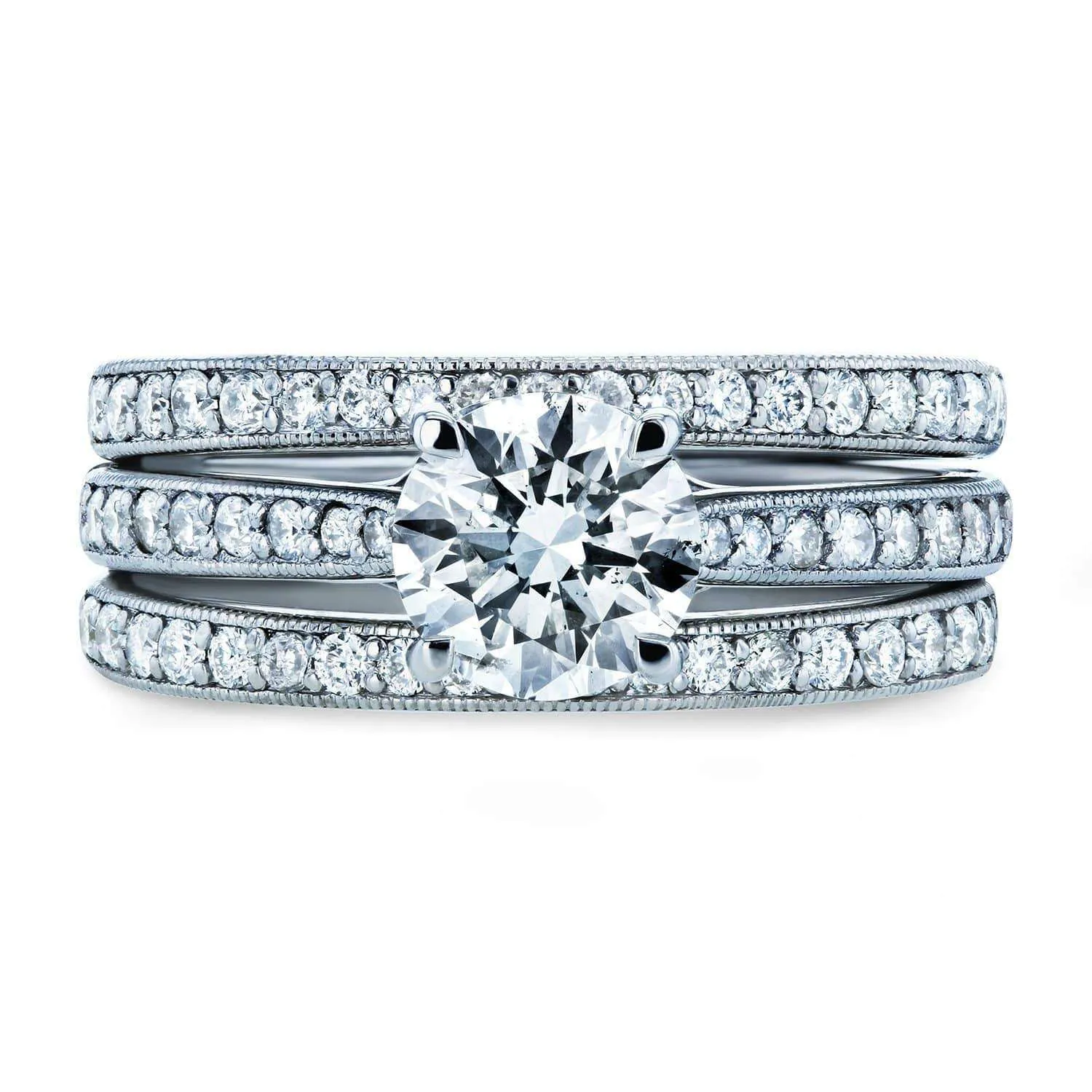 Round Diamond Square European Shank Vintage Trellis Bridal Set 1 3/5 CTW 14k White Gold, 3 Piece