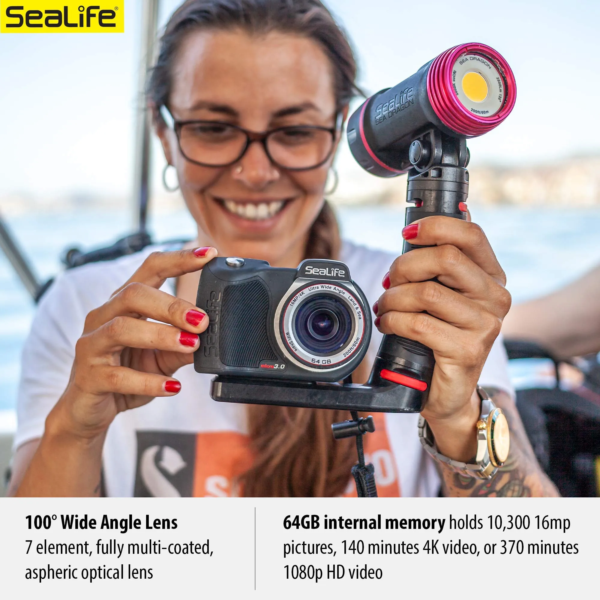SeaLife Micro 3.0 64GB, 16mp, 4K Underwater Camera for Underwater Photography and Video, Easy Set-up, Wireless Transfer; Includes case, Wrist Strap