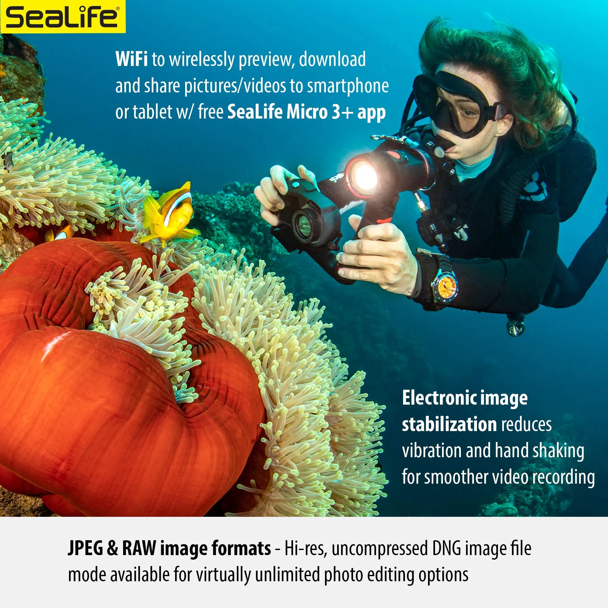SeaLife Micro 3.0 64GB, 16mp, 4K Underwater Camera for Underwater Photography and Video, Easy Set-up, Wireless Transfer; Includes case, Wrist Strap