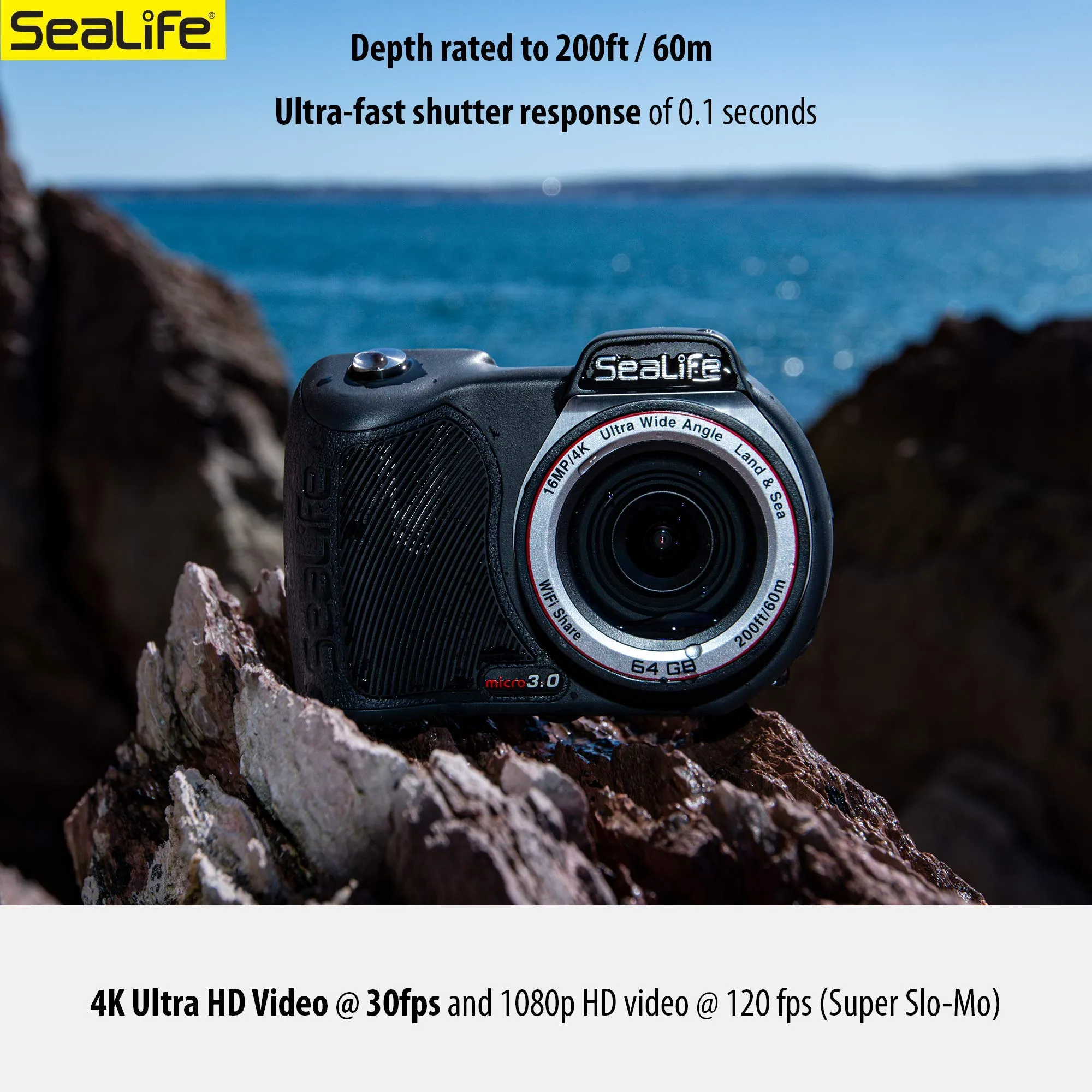 SeaLife Micro 3.0 64GB, 16mp, 4K Underwater Camera for Underwater Photography and Video, Easy Set-up, Wireless Transfer; Includes case, Wrist Strap
