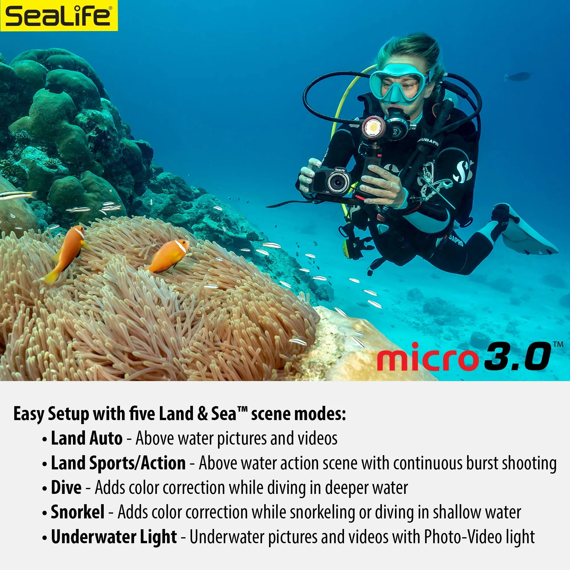 SeaLife Micro 3.0 64GB, 16mp, 4K Underwater Camera for Underwater Photography and Video, Easy Set-up, Wireless Transfer; Includes case, Wrist Strap