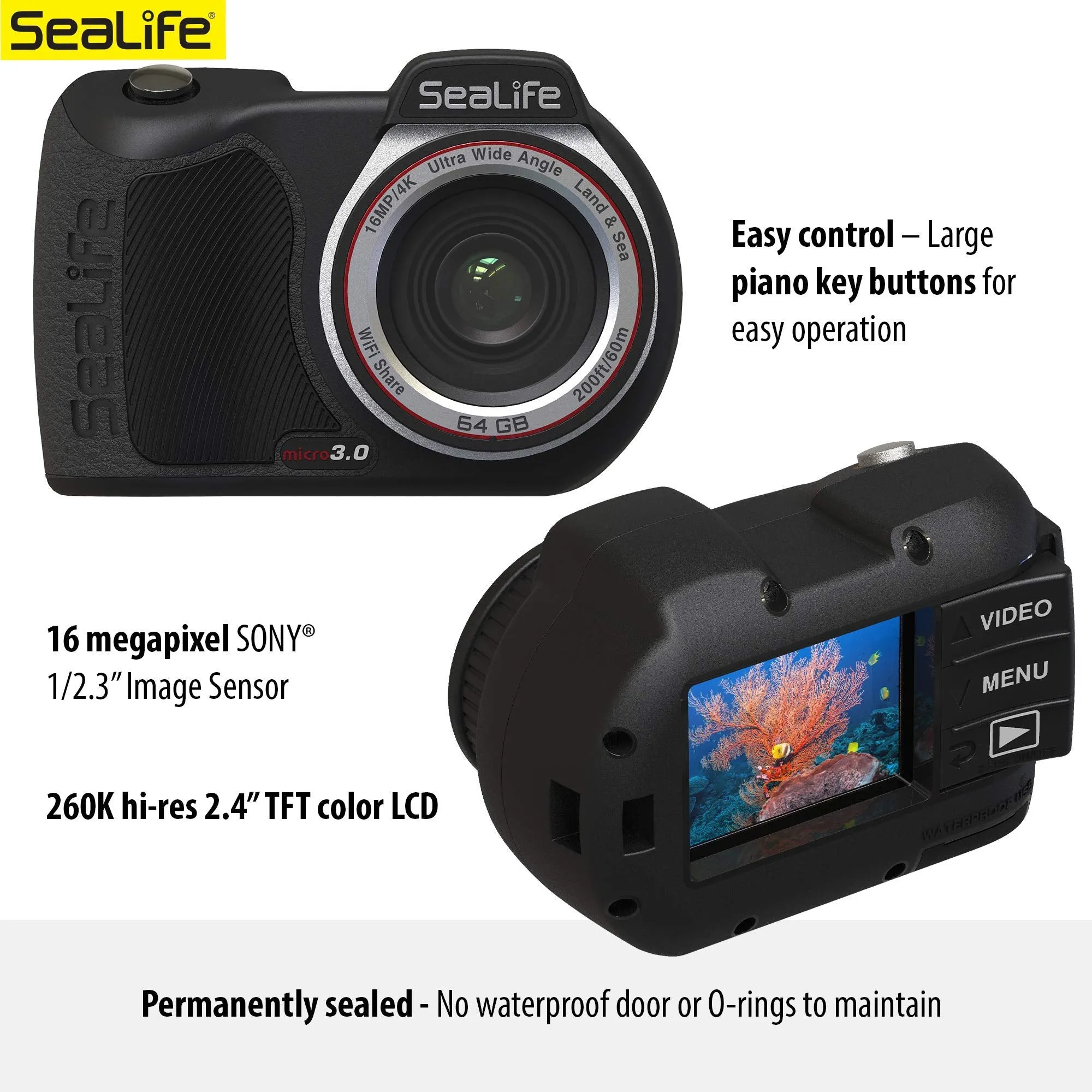 SeaLife Micro 3.0 64GB, 16mp, 4K Underwater Camera for Underwater Photography and Video, Easy Set-up, Wireless Transfer; Includes case, Wrist Strap