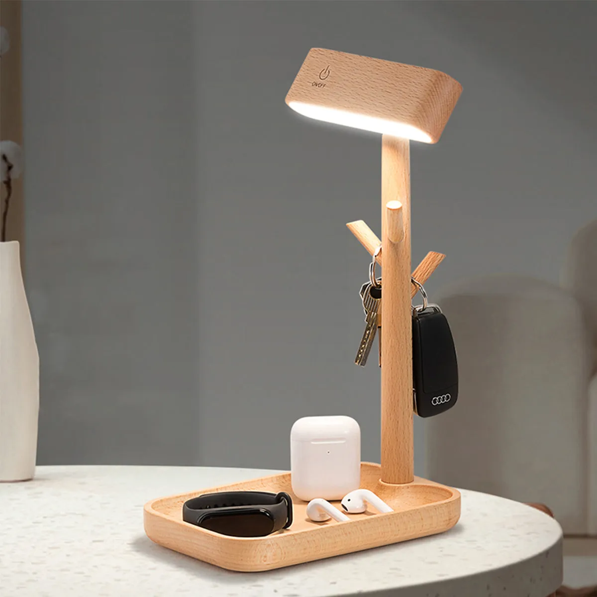 Solid Wood Detachable LED Small Table Lamp with Rack Organizer