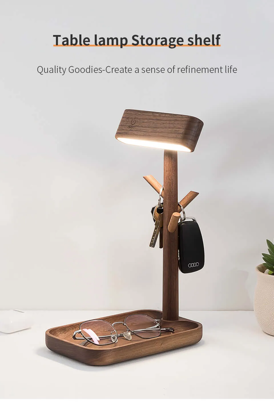 Solid Wood Detachable LED Small Table Lamp with Rack Organizer