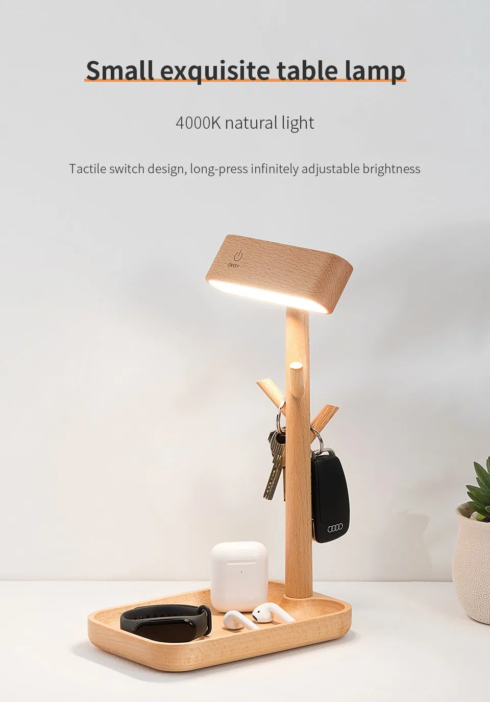 Solid Wood Detachable LED Small Table Lamp with Rack Organizer