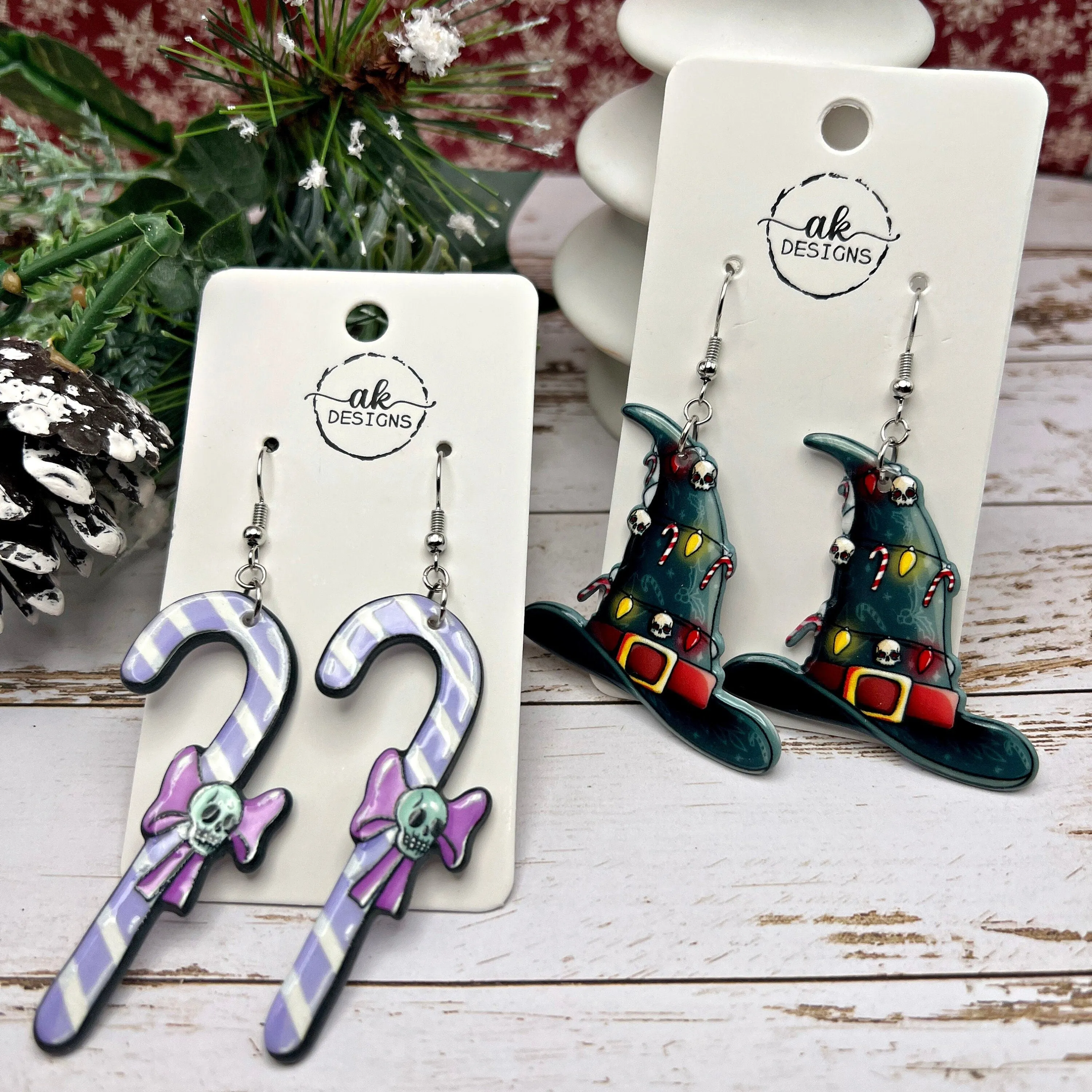 Spooky Christmas Earrings, Witchy Skeleton Skull Candy Cane, Hypoallergenic  Holiday Gift