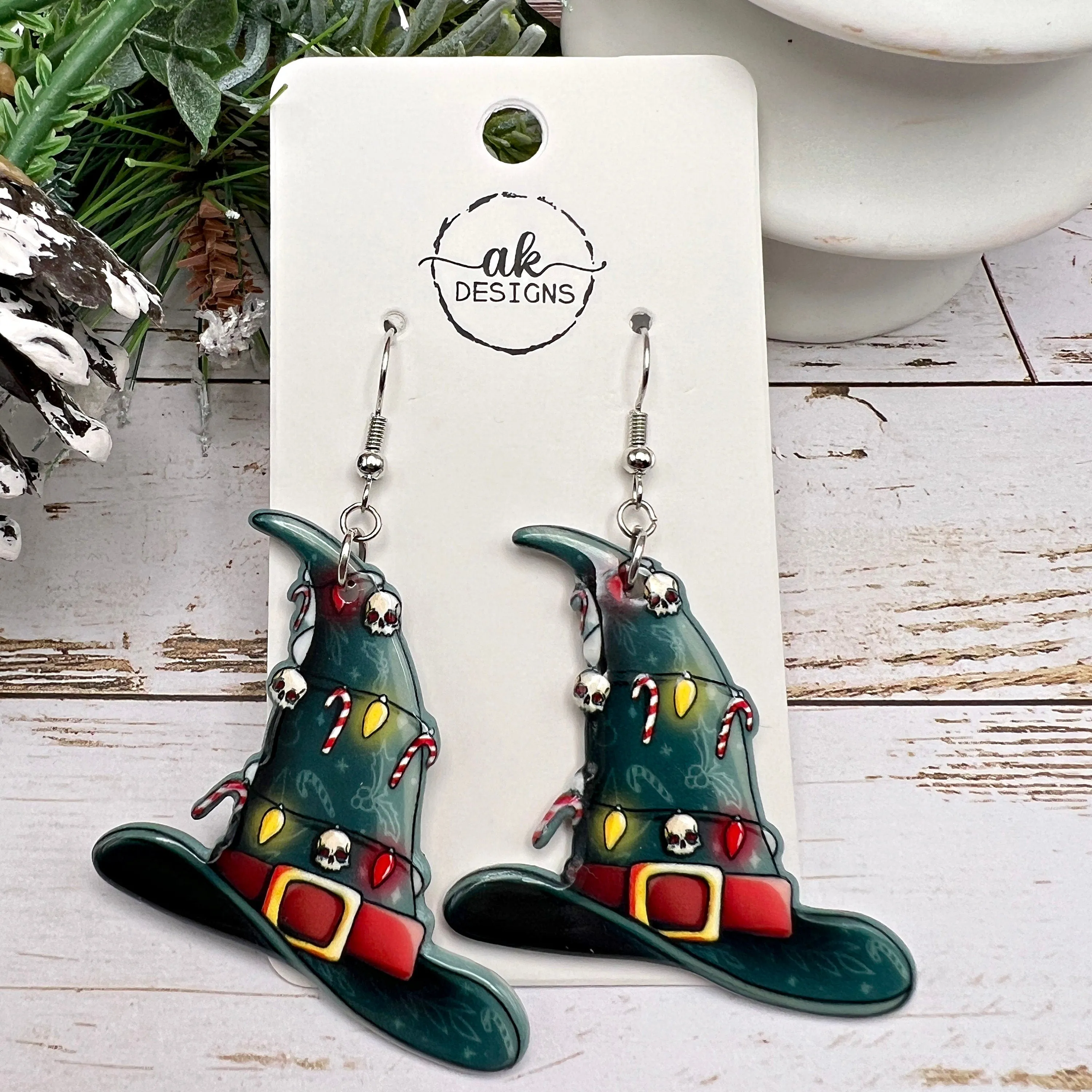 Spooky Christmas Earrings, Witchy Skeleton Skull Candy Cane, Hypoallergenic  Holiday Gift