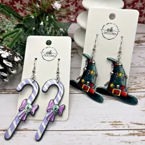 Spooky Christmas Earrings, Witchy Skeleton Skull Candy Cane, Hypoallergenic  Holiday Gift