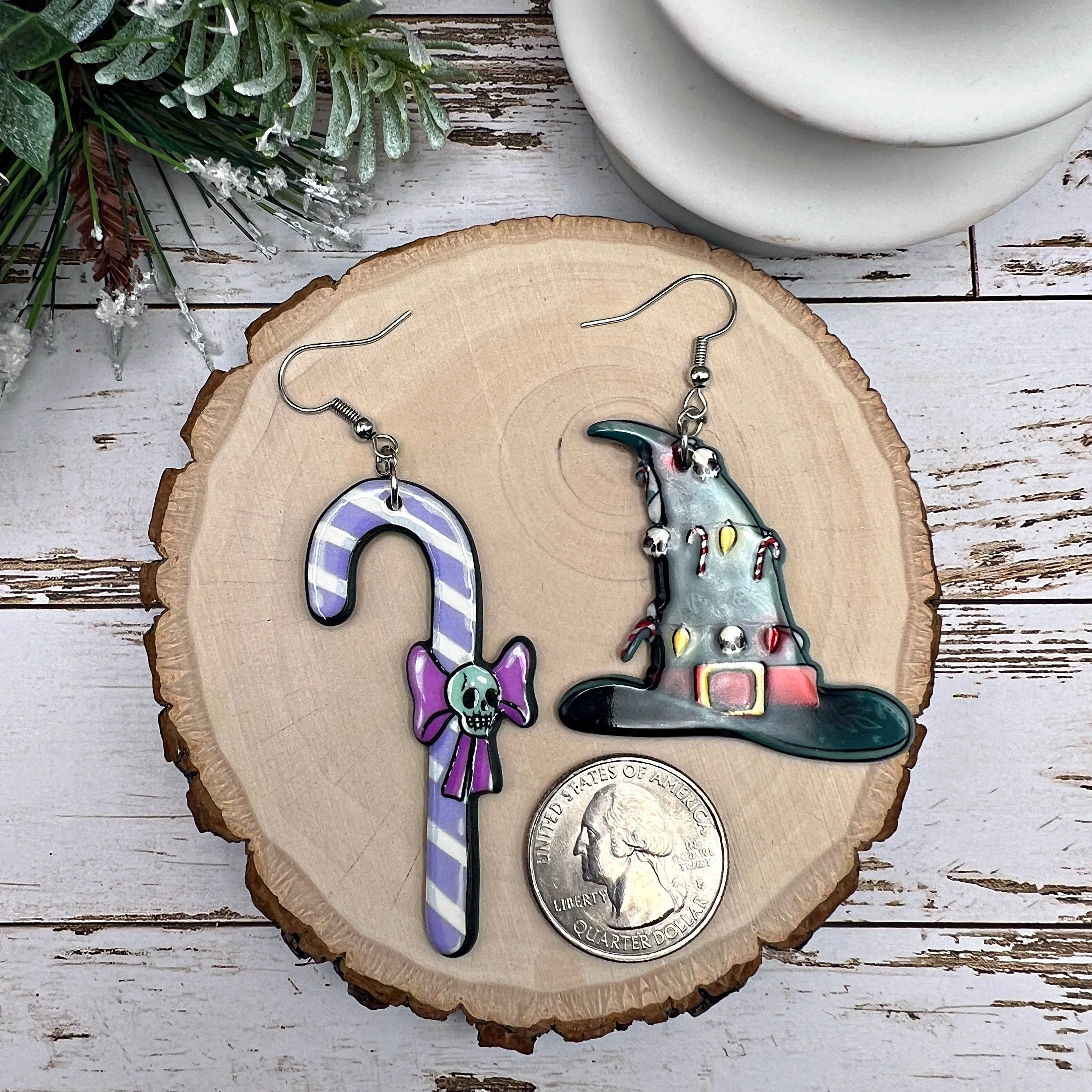 Spooky Christmas Earrings, Witchy Skeleton Skull Candy Cane, Hypoallergenic  Holiday Gift