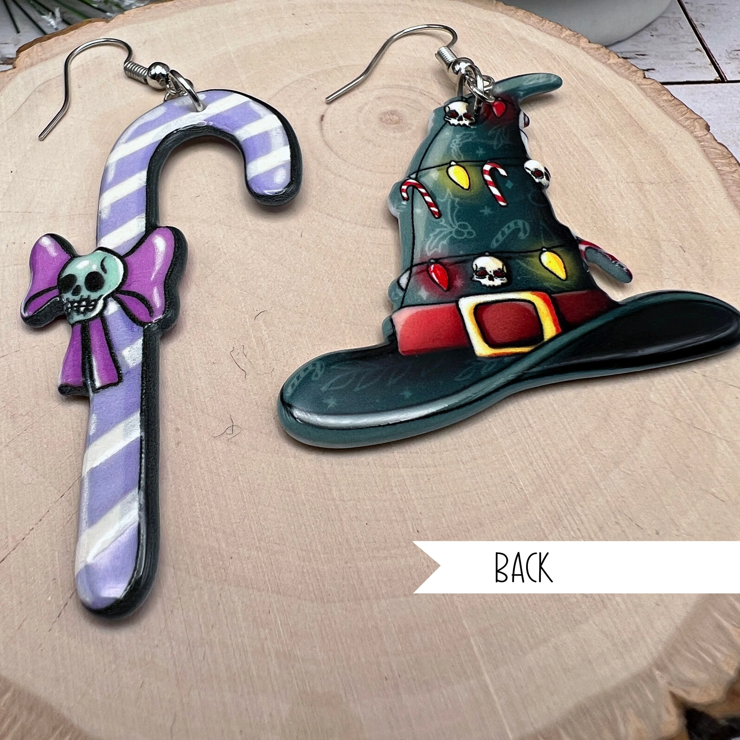 Spooky Christmas Earrings, Witchy Skeleton Skull Candy Cane, Hypoallergenic  Holiday Gift