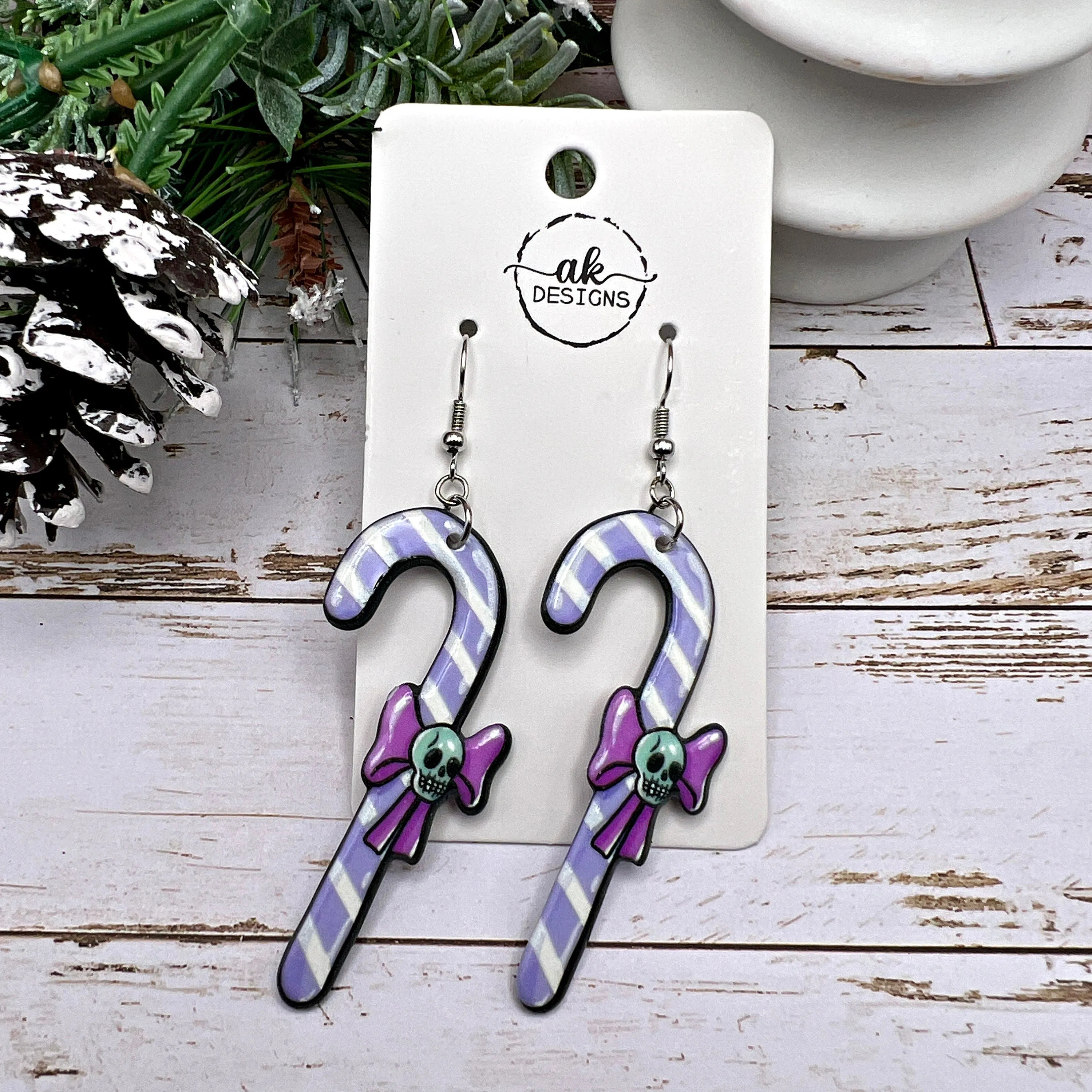 Spooky Christmas Earrings, Witchy Skeleton Skull Candy Cane, Hypoallergenic  Holiday Gift
